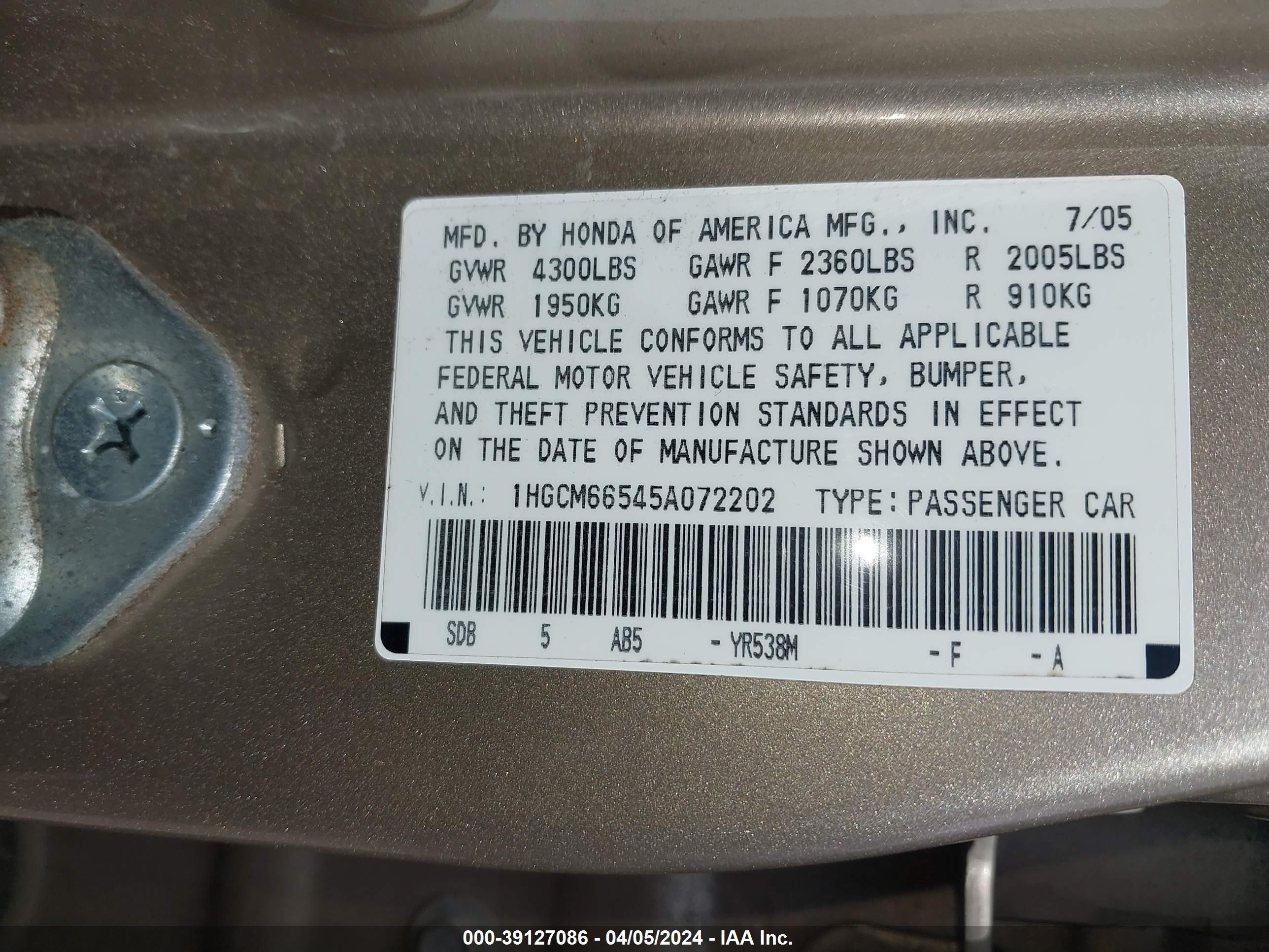 Photo 8 VIN: 1HGCM66545A072202 - HONDA ACCORD 