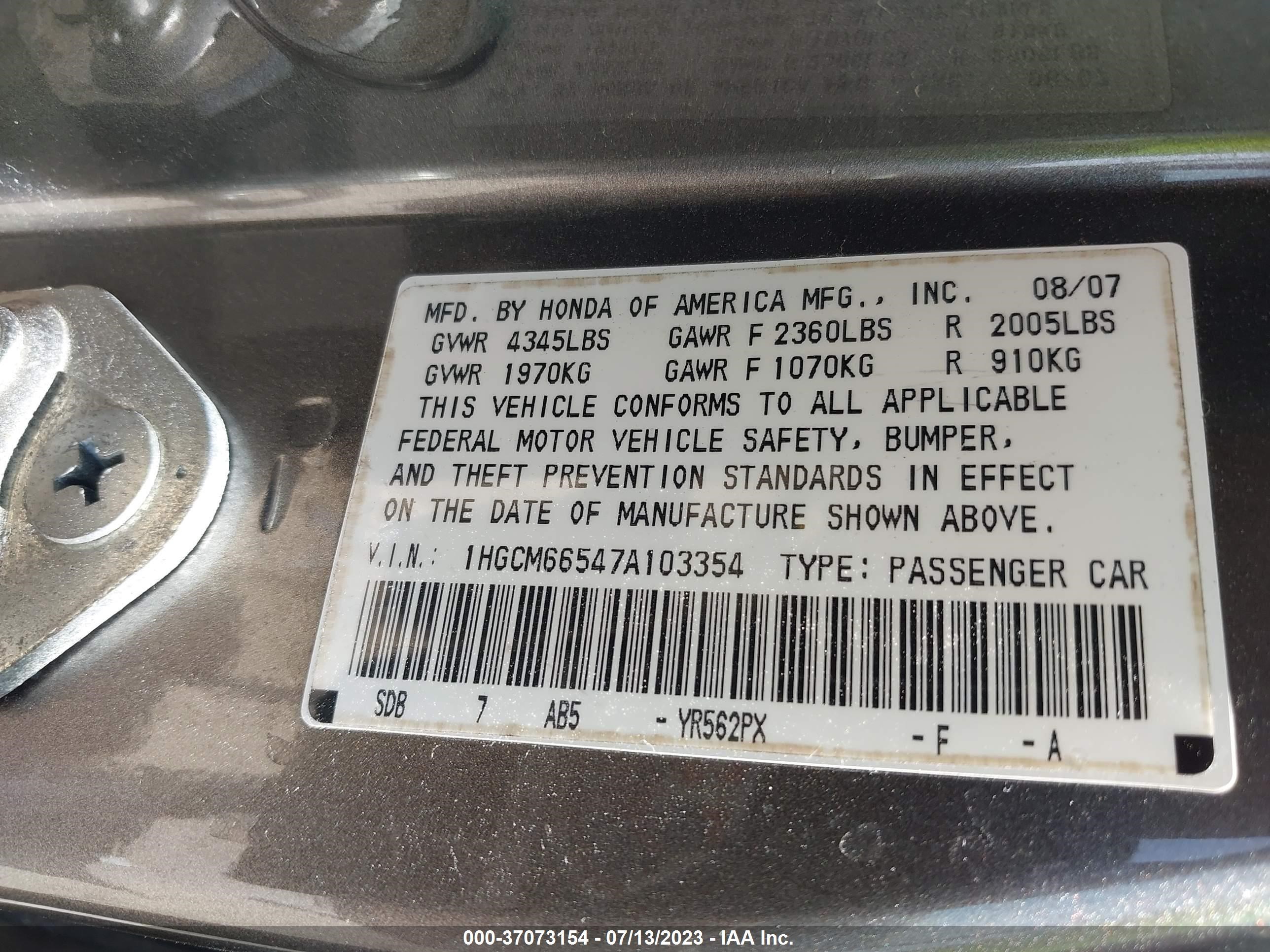 Photo 8 VIN: 1HGCM66547A103354 - HONDA ACCORD 