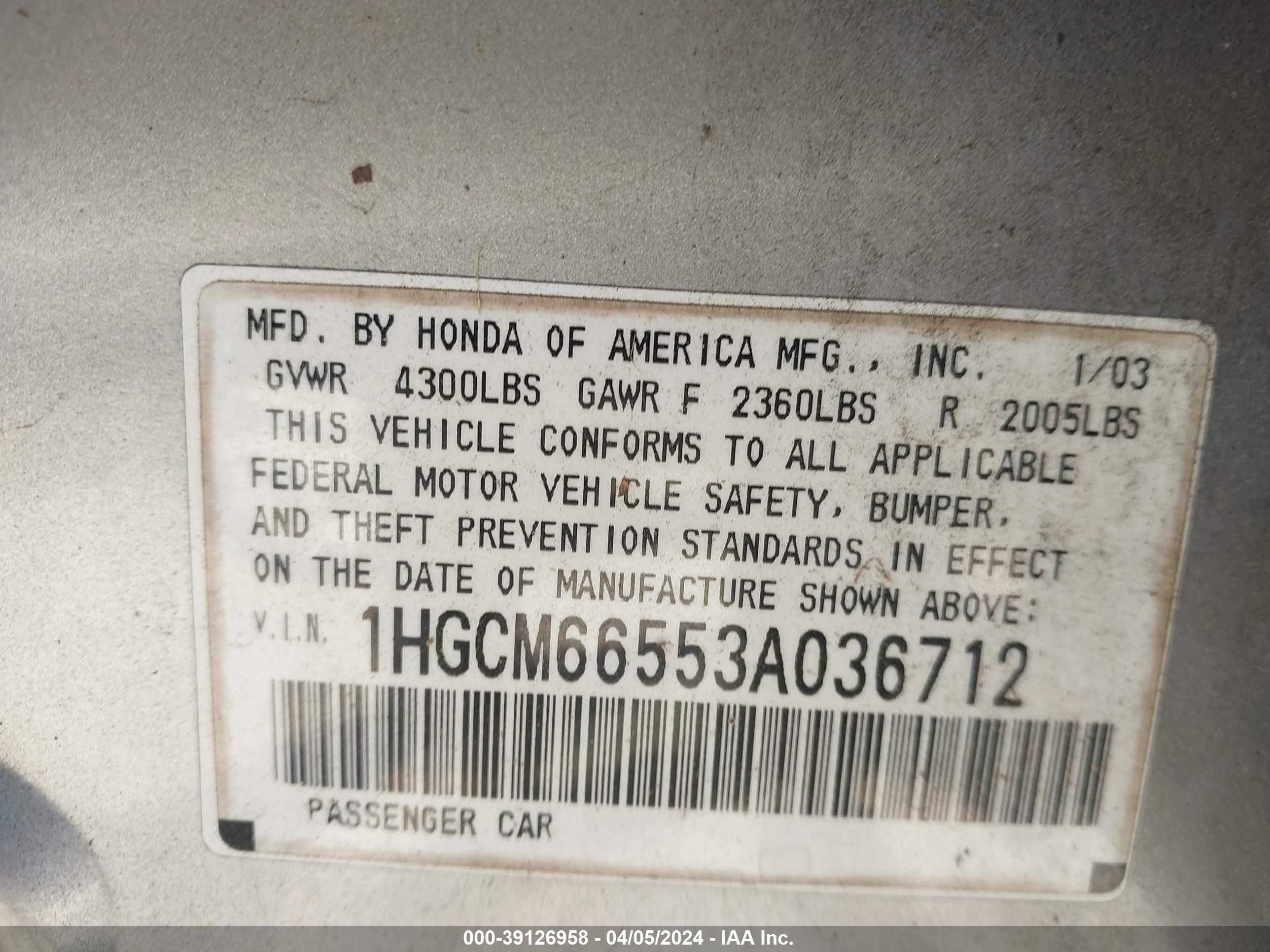 Photo 8 VIN: 1HGCM66553A036712 - HONDA ACCORD 