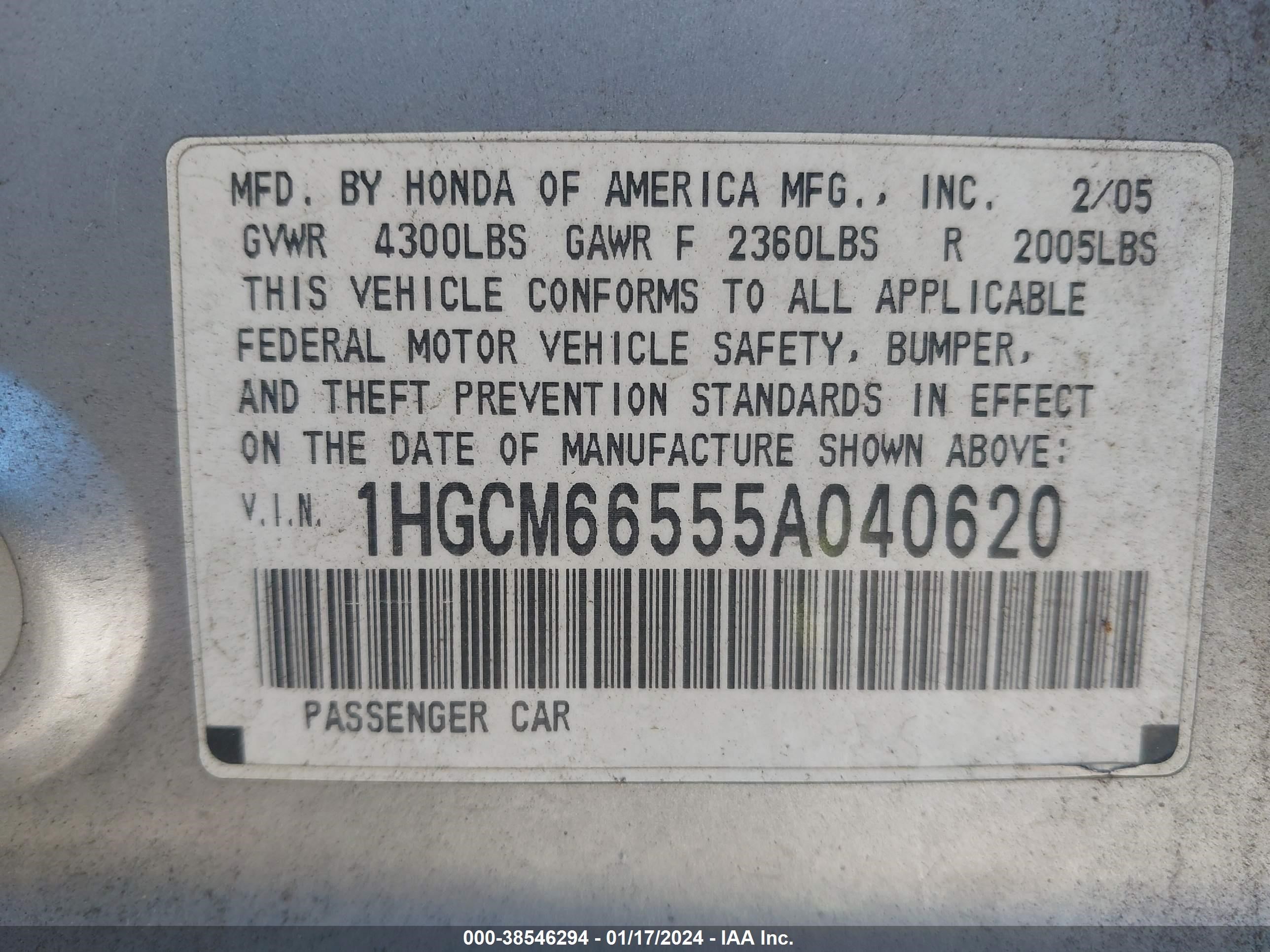 Photo 8 VIN: 1HGCM66555A040620 - HONDA ACCORD 