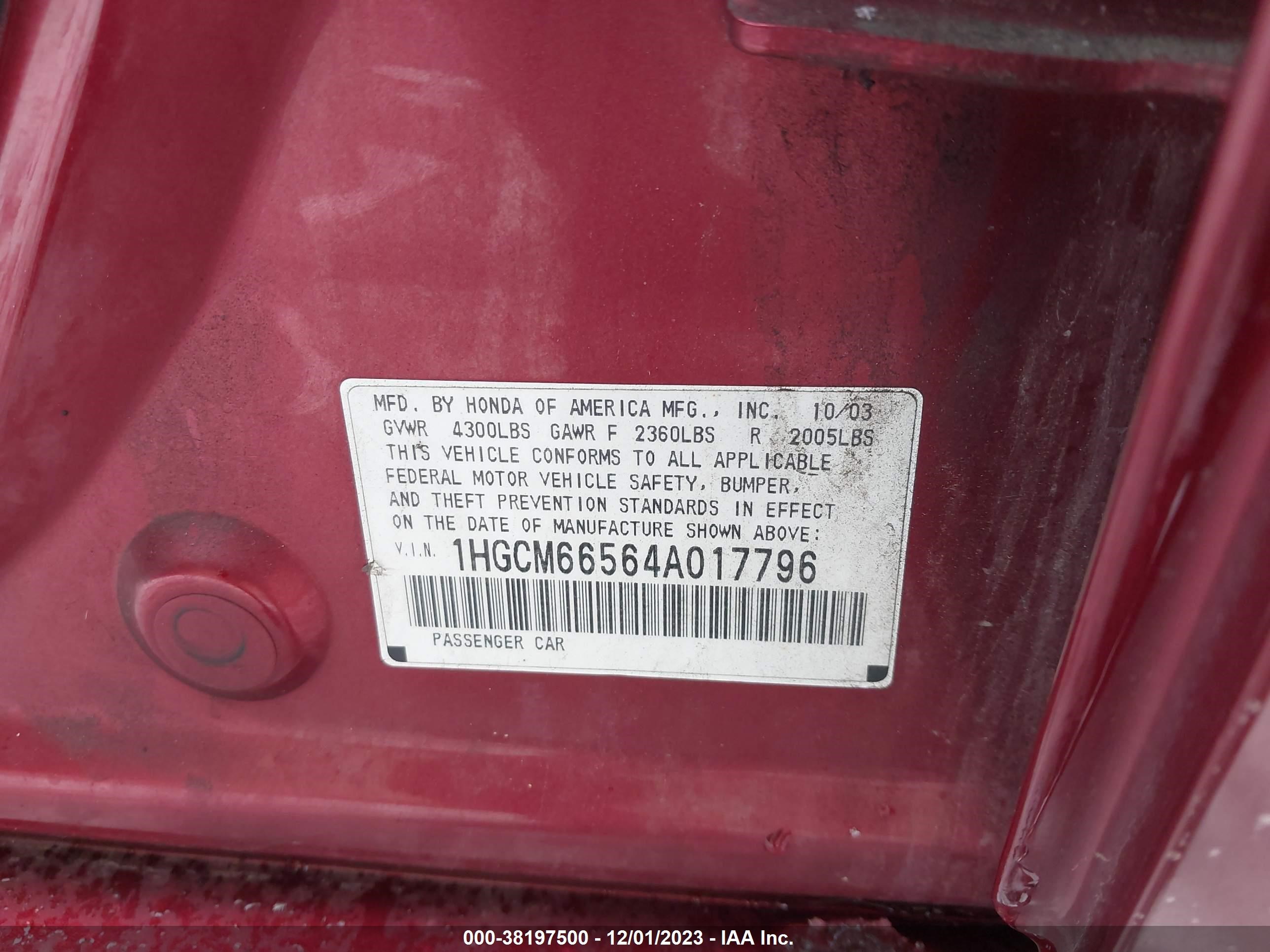 Photo 8 VIN: 1HGCM66564A017796 - HONDA ACCORD 