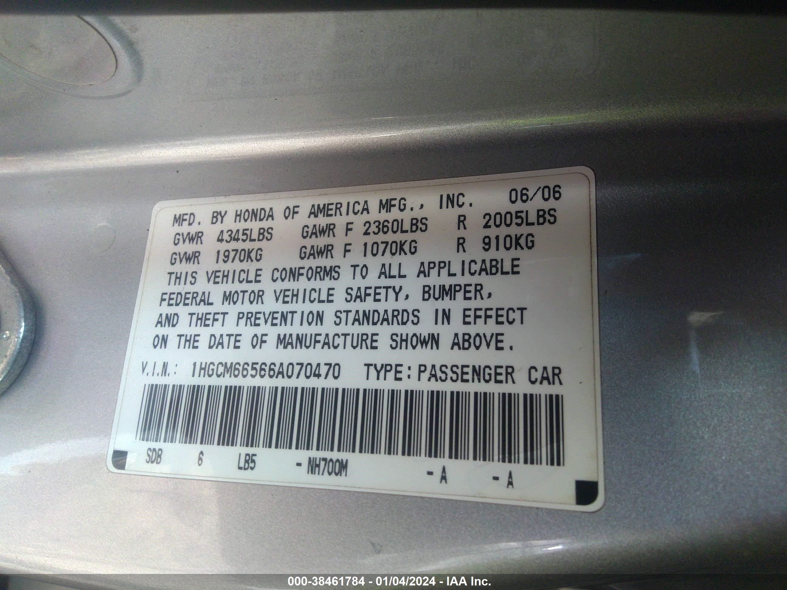 Photo 8 VIN: 1HGCM66566A070470 - HONDA ACCORD 