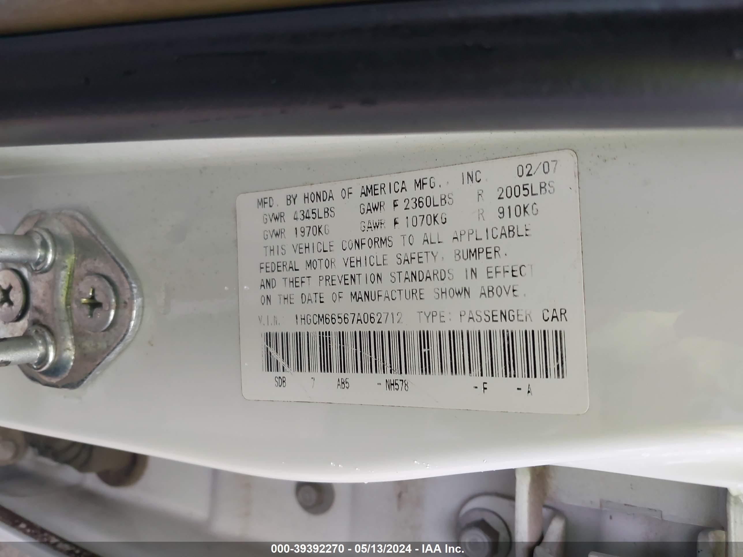 Photo 8 VIN: 1HGCM66567A062712 - HONDA ACCORD 