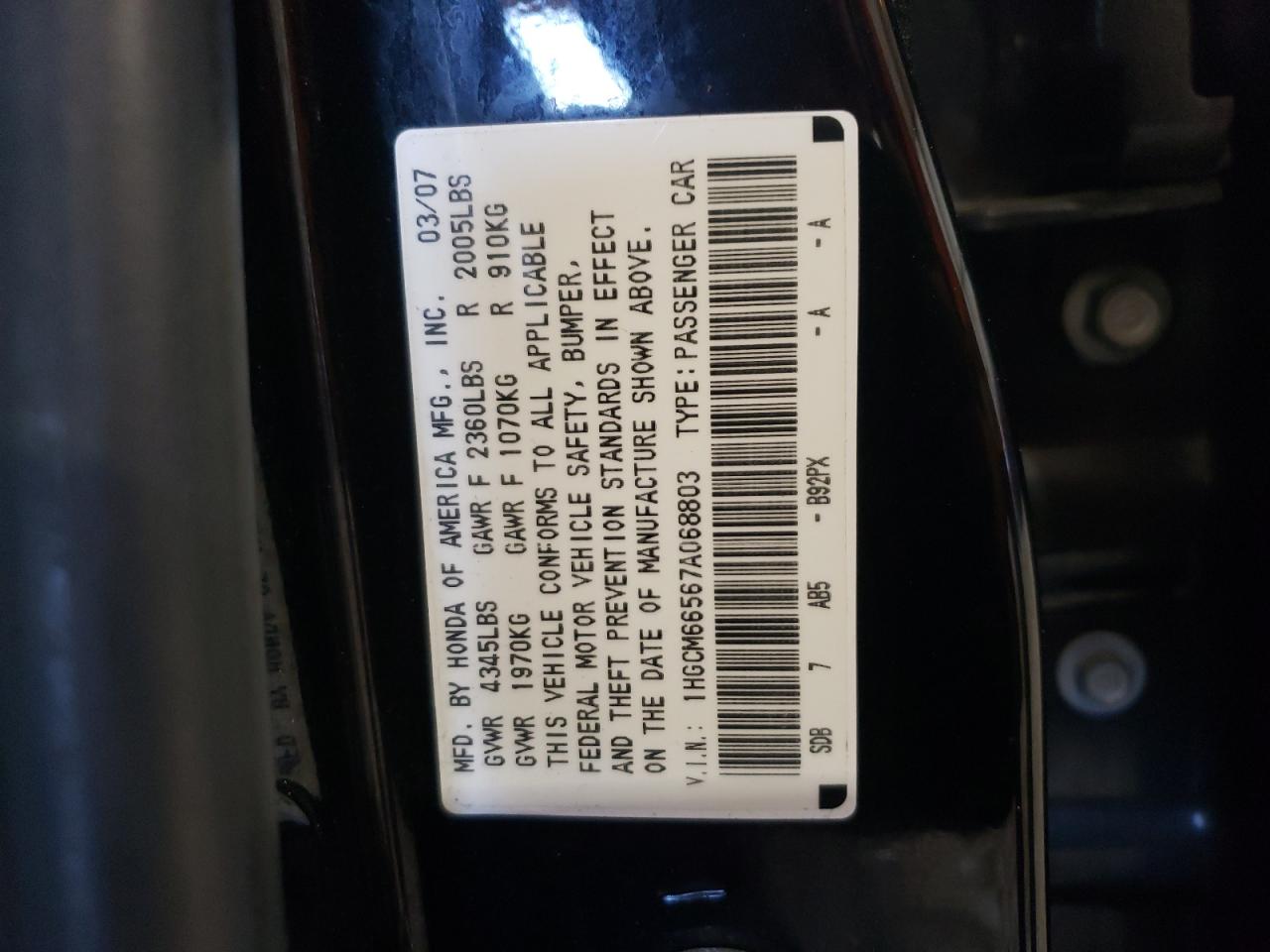 Photo 12 VIN: 1HGCM66567A068803 - HONDA ACCORD 