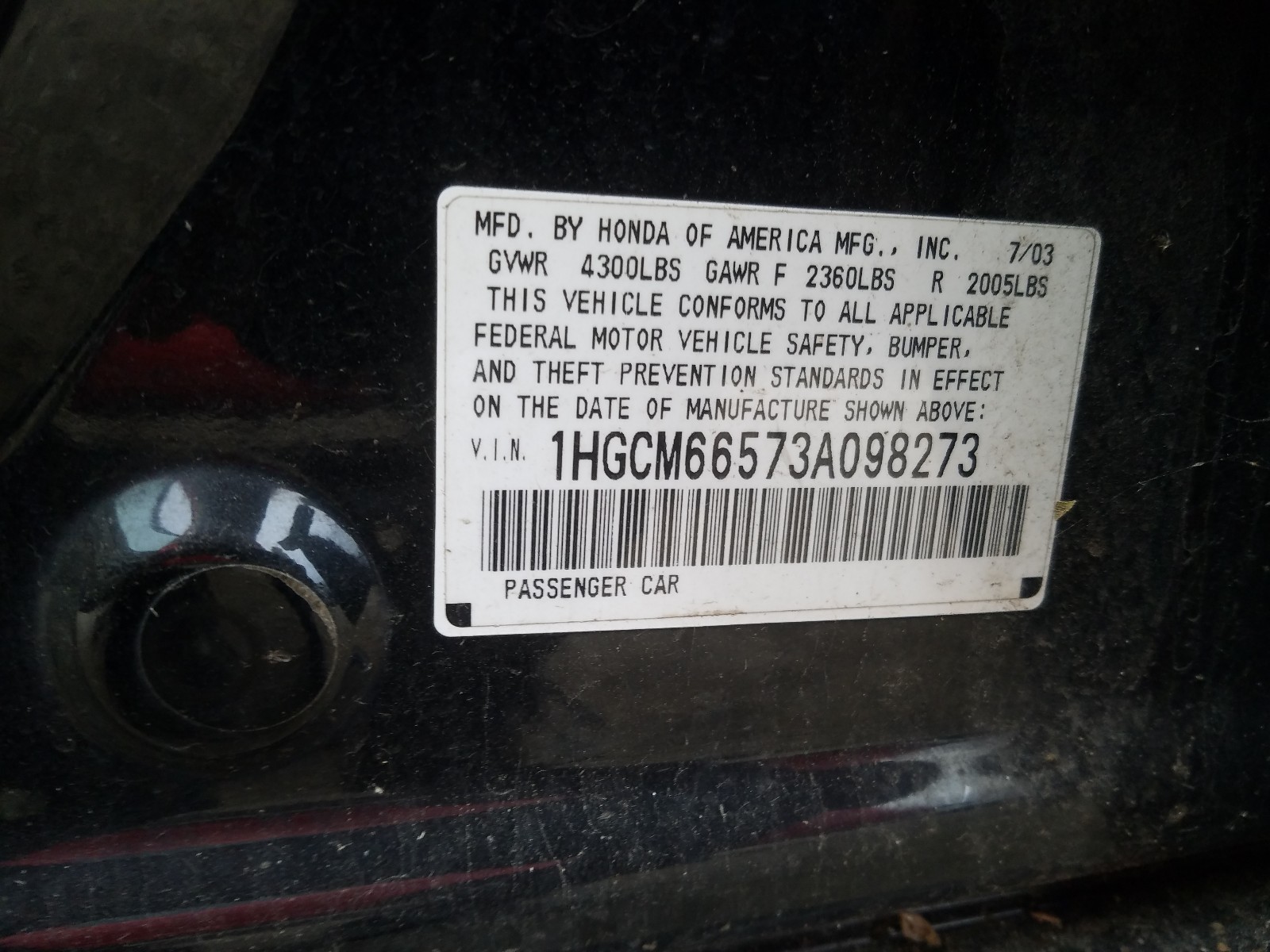 Photo 9 VIN: 1HGCM66573A098273 - HONDA ACCORD EX 