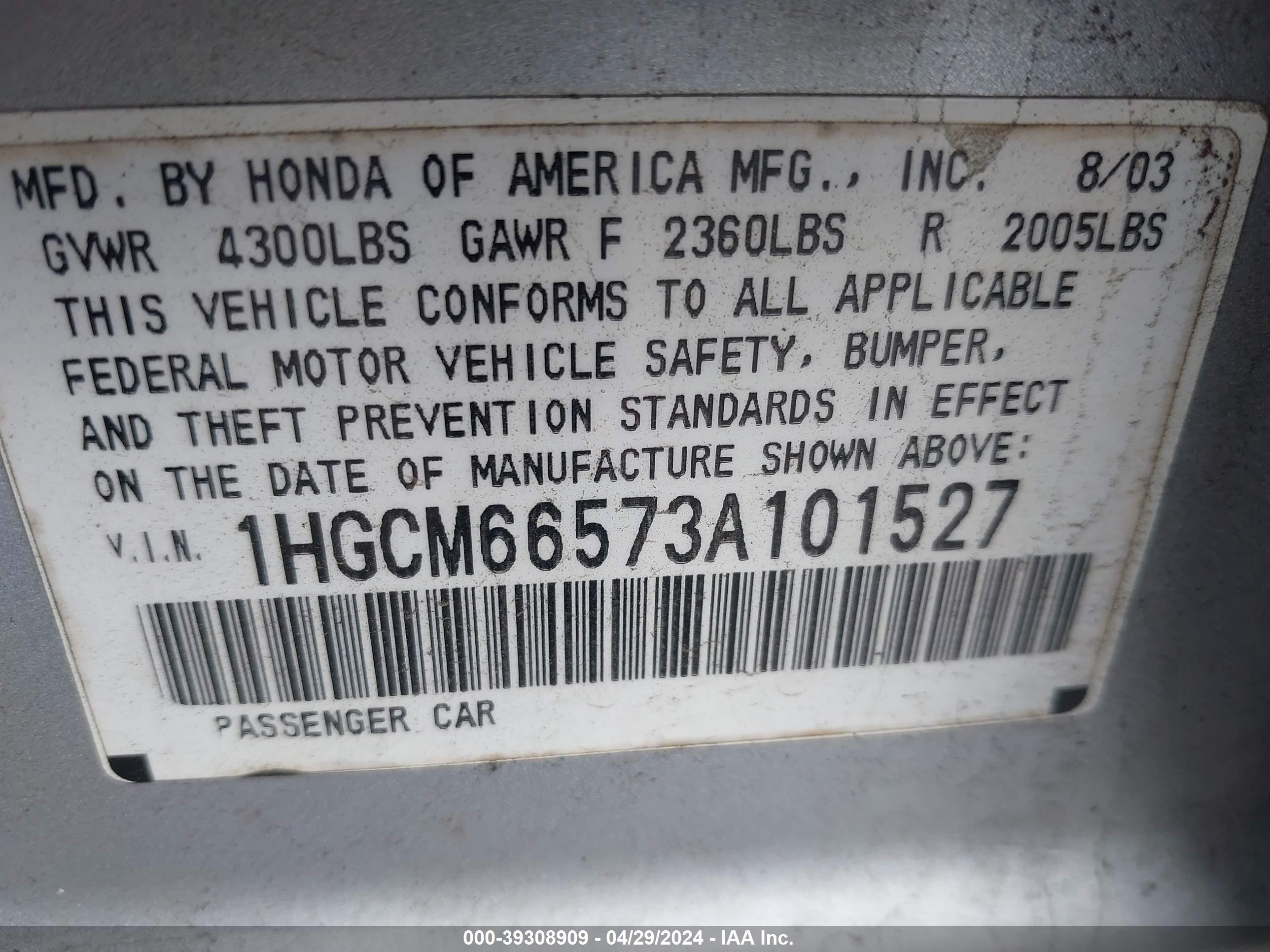 Photo 8 VIN: 1HGCM66573A101527 - HONDA ACCORD 