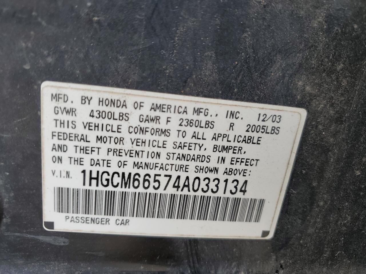 Photo 11 VIN: 1HGCM66574A033134 - HONDA ACCORD 