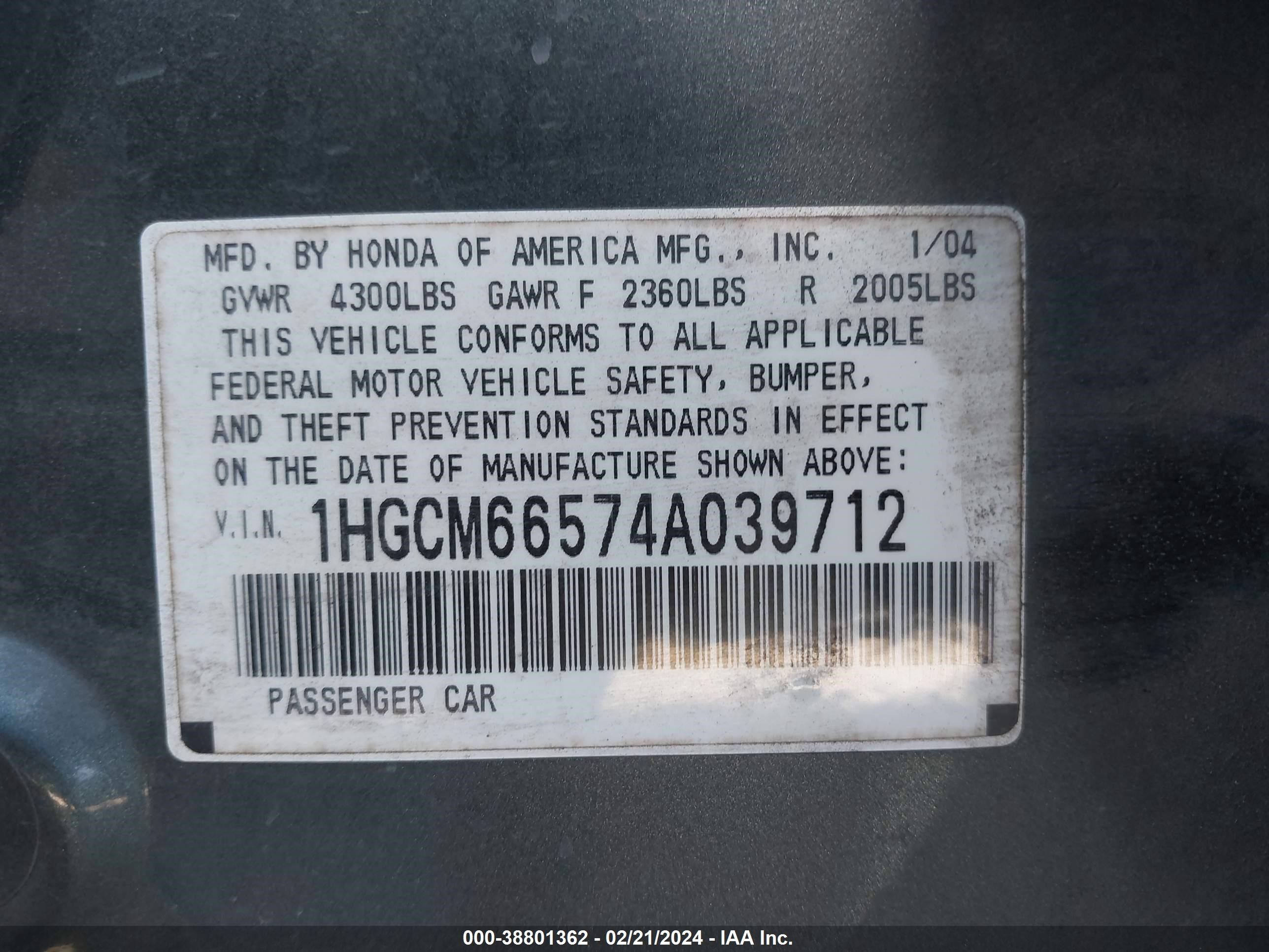 Photo 8 VIN: 1HGCM66574A039712 - HONDA ACCORD 