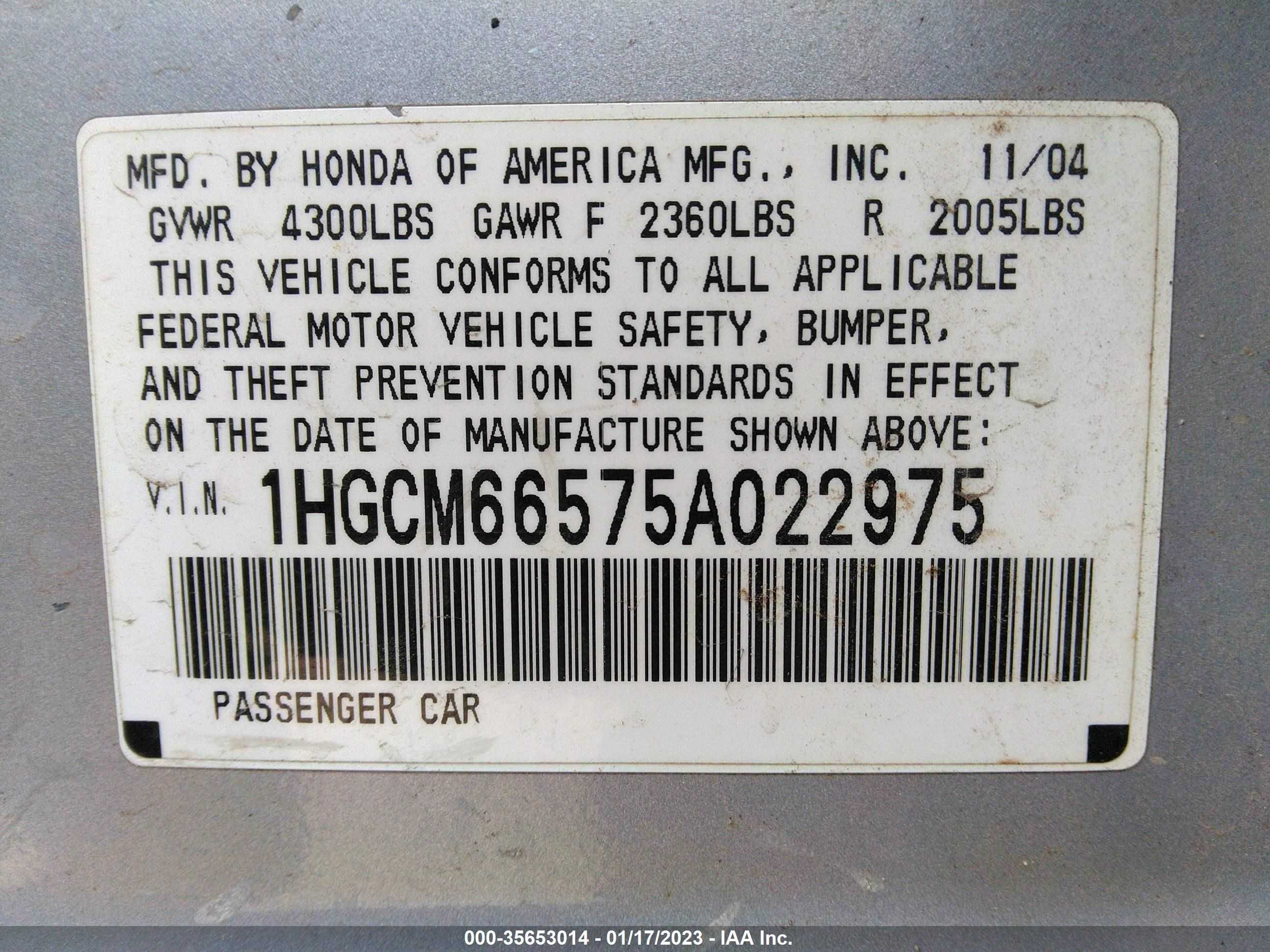 Photo 8 VIN: 1HGCM66575A022975 - HONDA ACCORD 