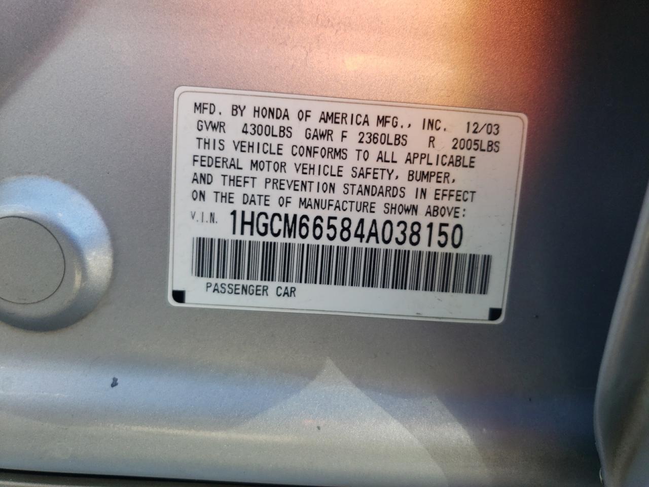 Photo 11 VIN: 1HGCM66584A038150 - HONDA ACCORD 