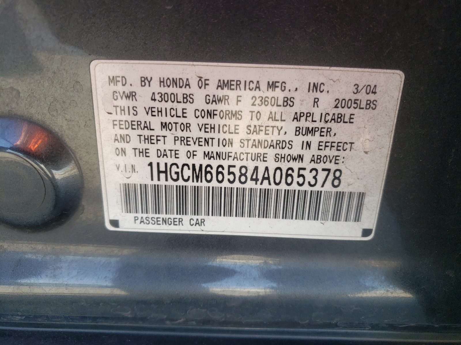 Photo 9 VIN: 1HGCM66584A065378 - HONDA ACCORD EX 