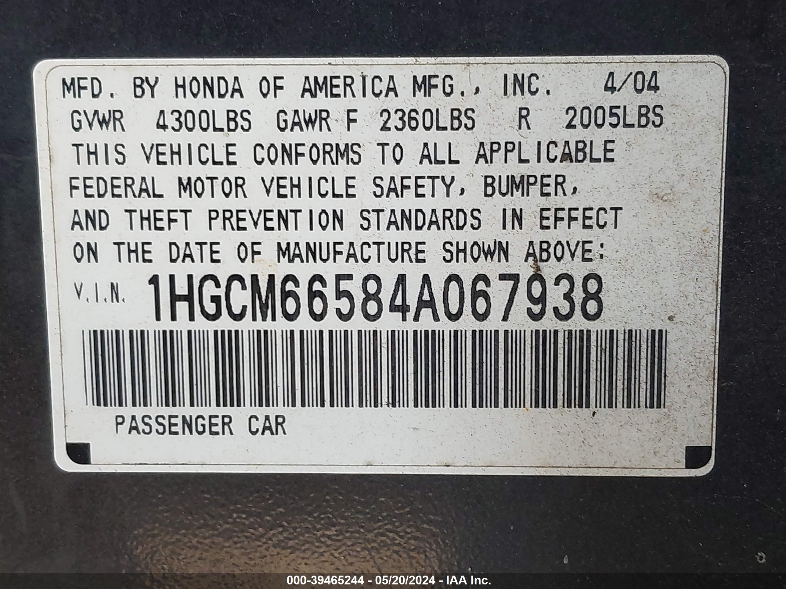 Photo 8 VIN: 1HGCM66584A067938 - HONDA ACCORD 