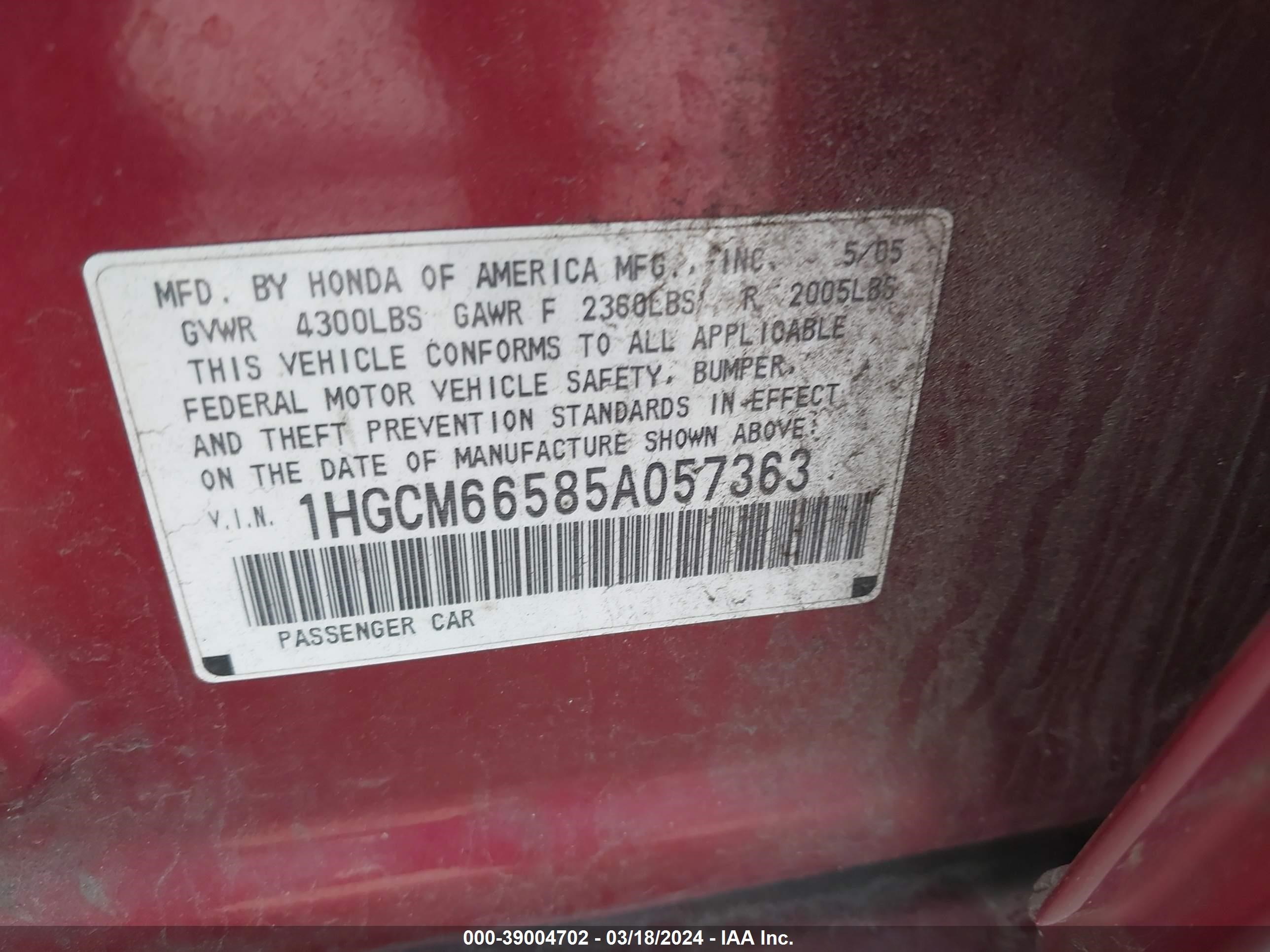 Photo 8 VIN: 1HGCM66585A057363 - HONDA ACCORD 