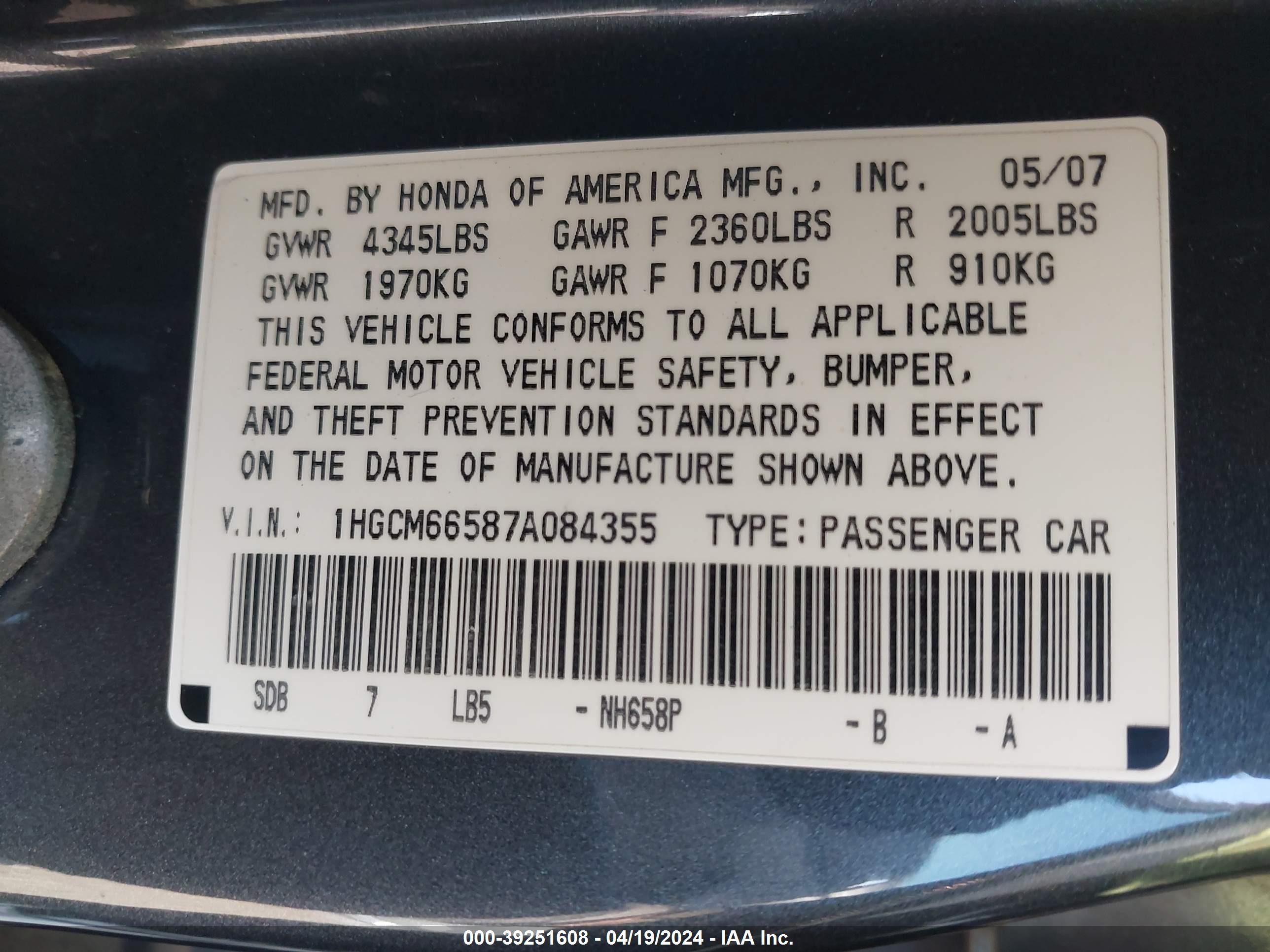 Photo 8 VIN: 1HGCM66587A084355 - HONDA ACCORD 