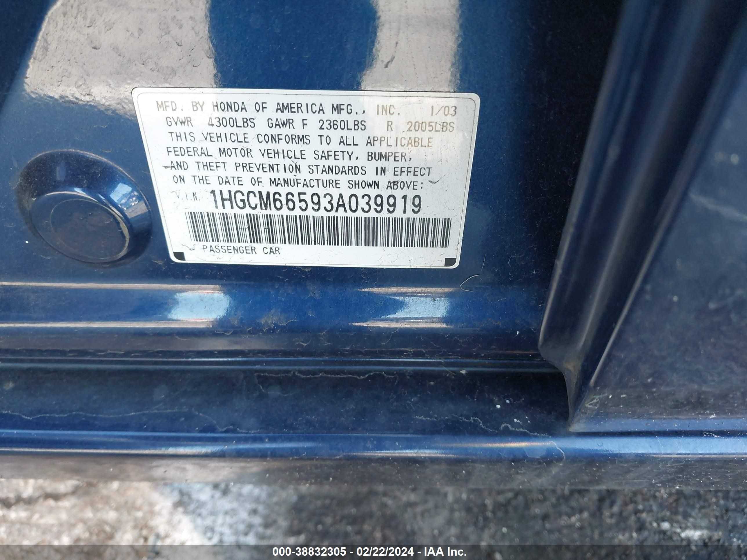 Photo 8 VIN: 1HGCM66593A039919 - HONDA ACCORD 