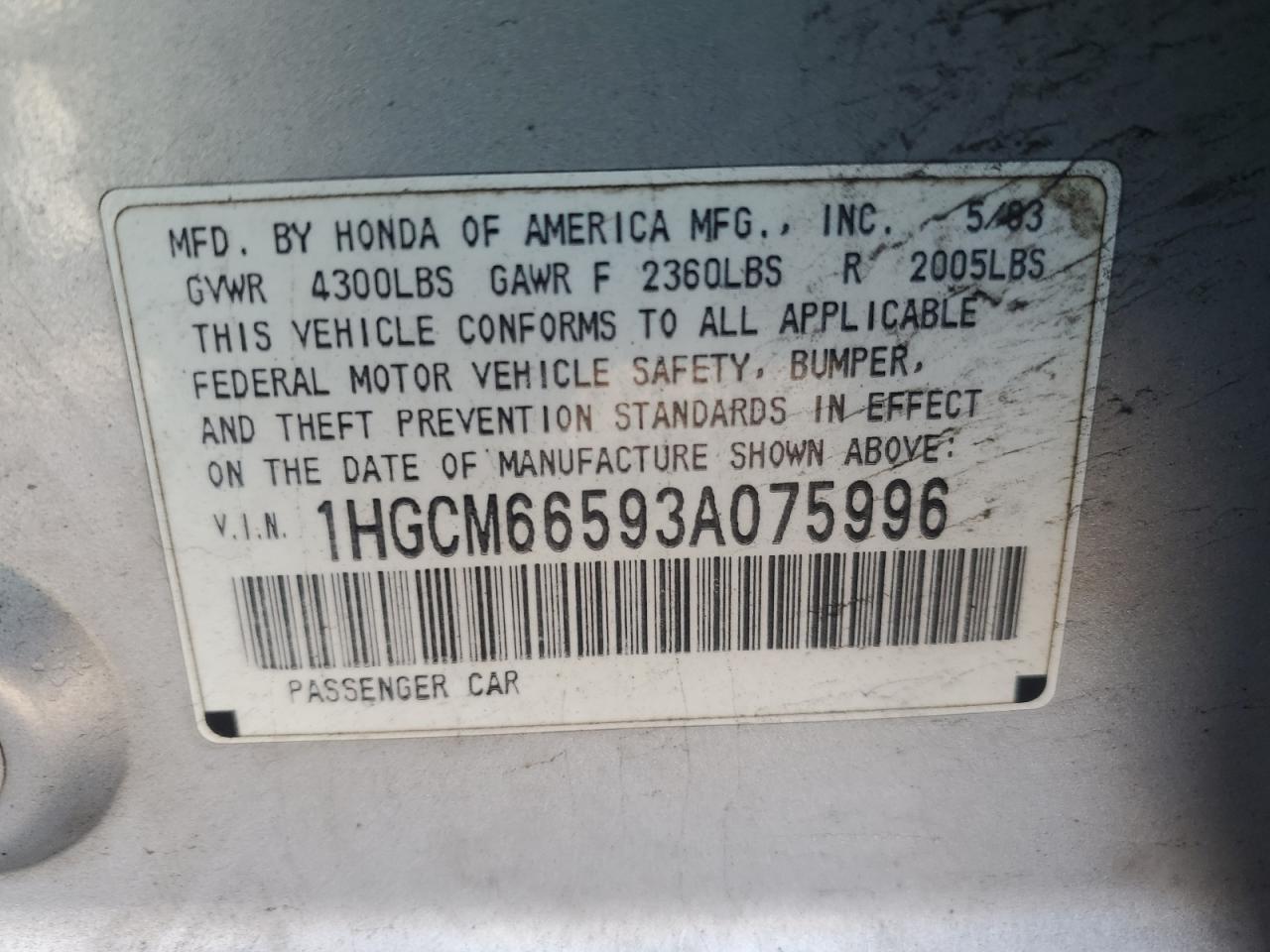 Photo 11 VIN: 1HGCM66593A075996 - HONDA ACCORD 