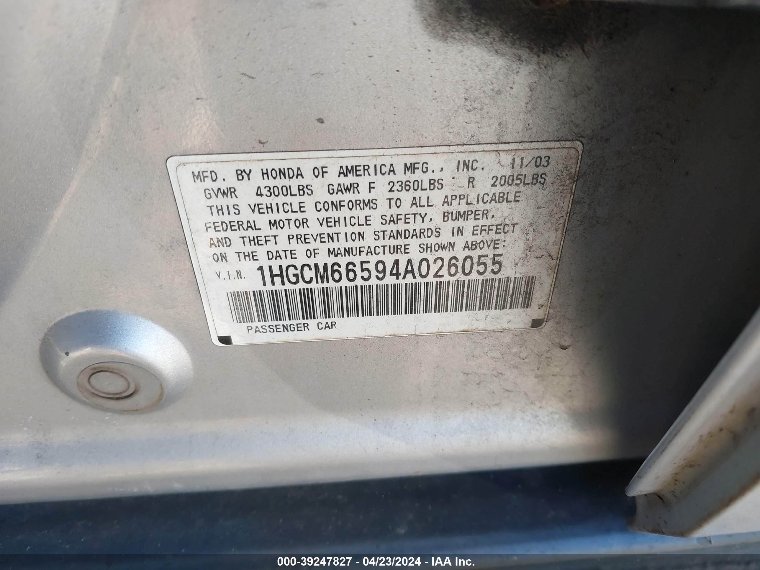 Photo 8 VIN: 1HGCM66594A026055 - HONDA ACCORD 