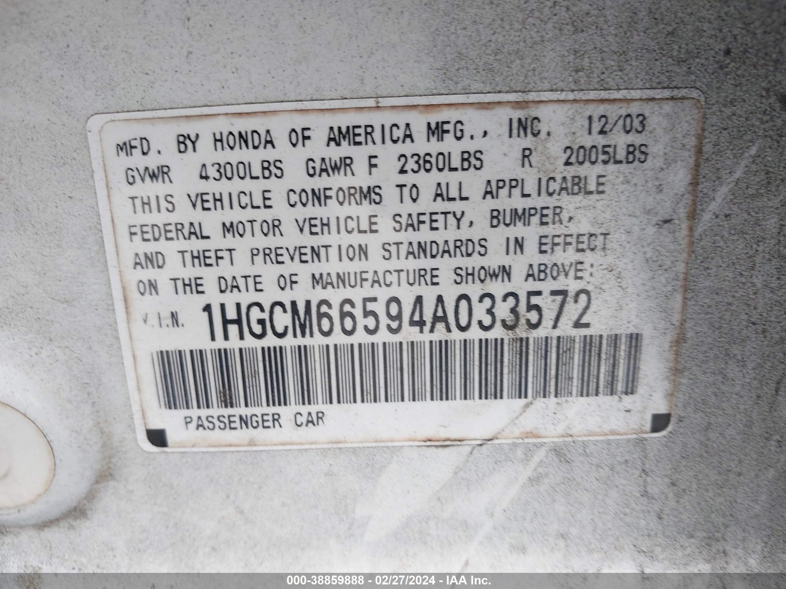 Photo 8 VIN: 1HGCM66594A033572 - HONDA ACCORD 