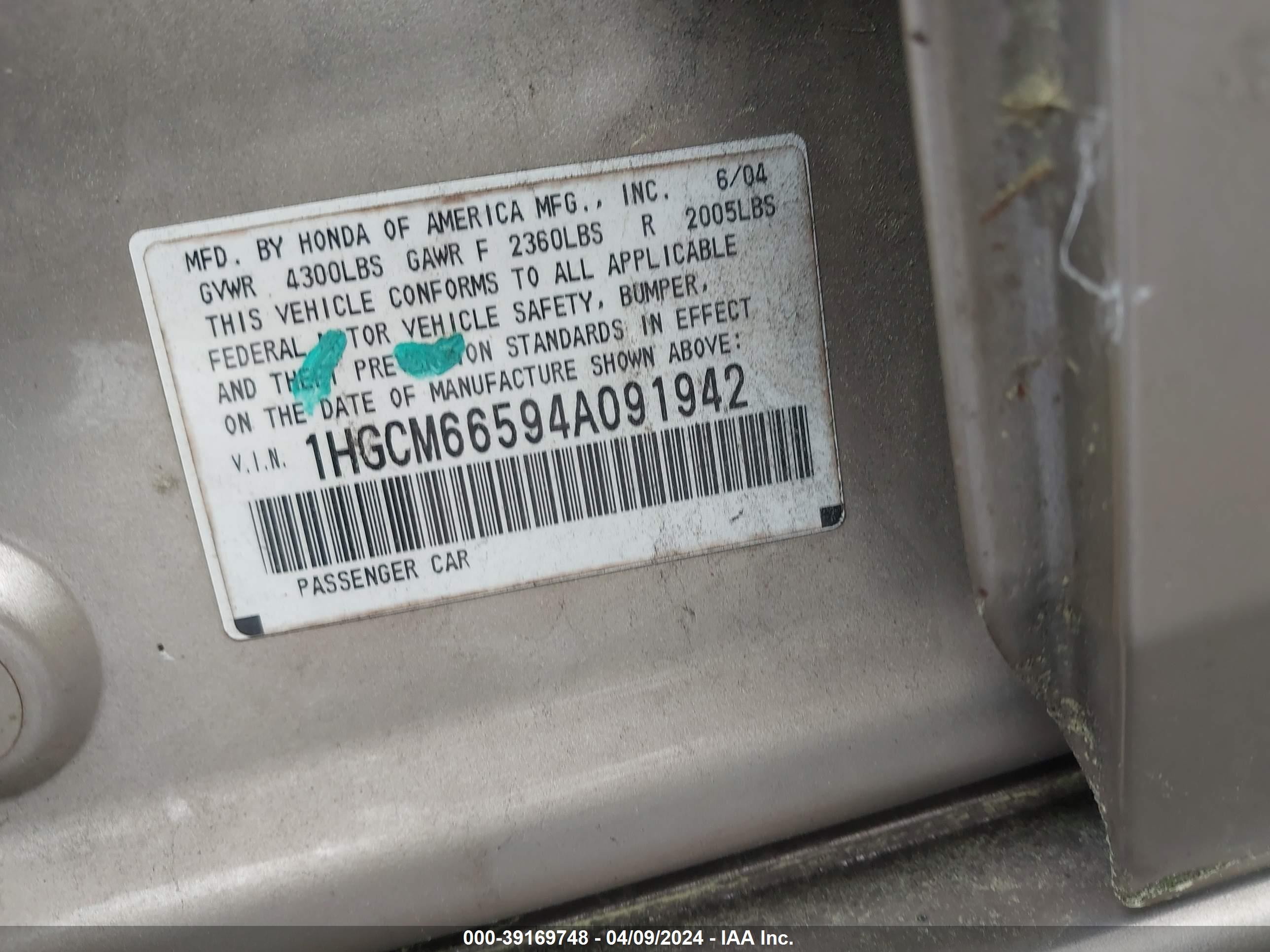 Photo 8 VIN: 1HGCM66594A091942 - HONDA ACCORD 