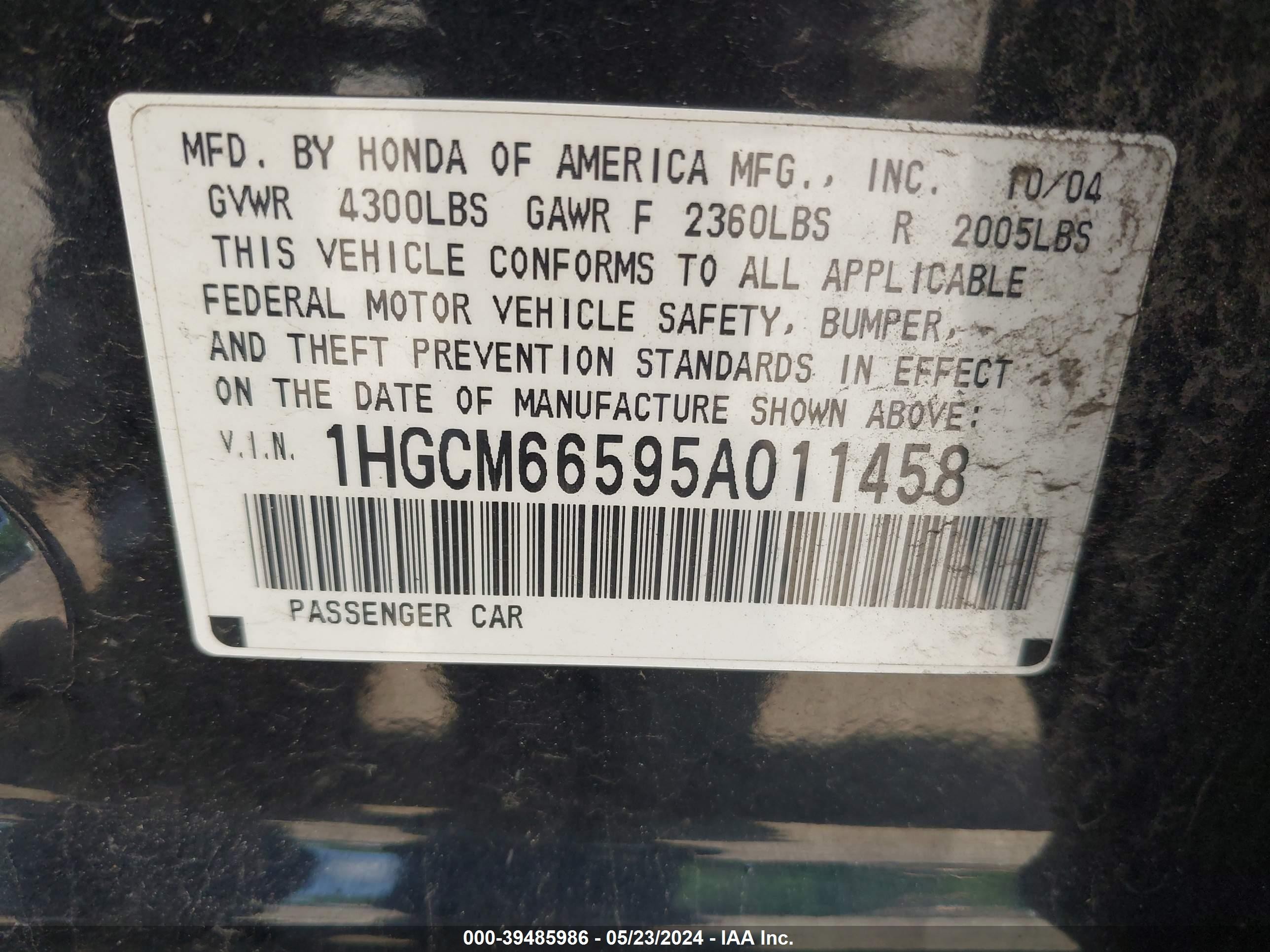 Photo 8 VIN: 1HGCM66595A011458 - HONDA ACCORD 