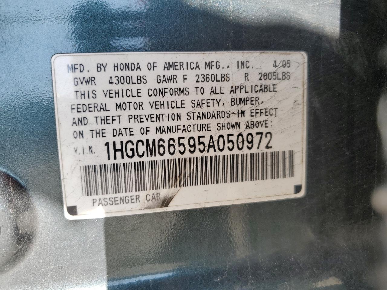 Photo 11 VIN: 1HGCM66595A050972 - HONDA ACCORD 