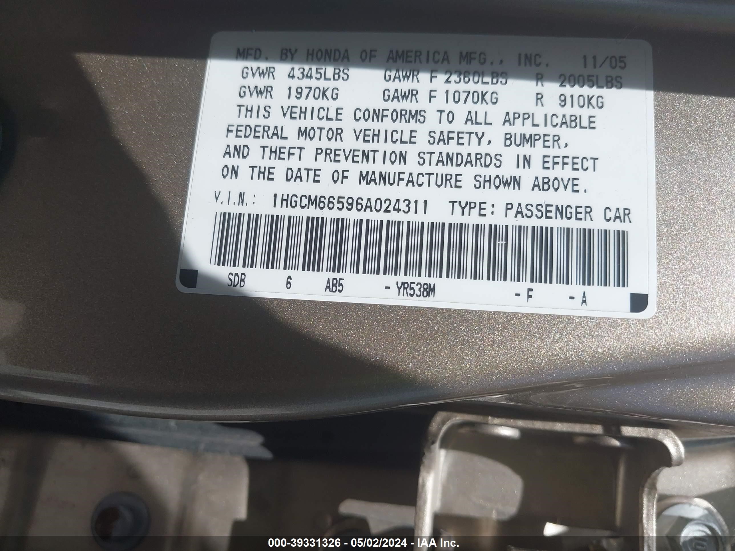 Photo 8 VIN: 1HGCM66596A024311 - HONDA ACCORD 