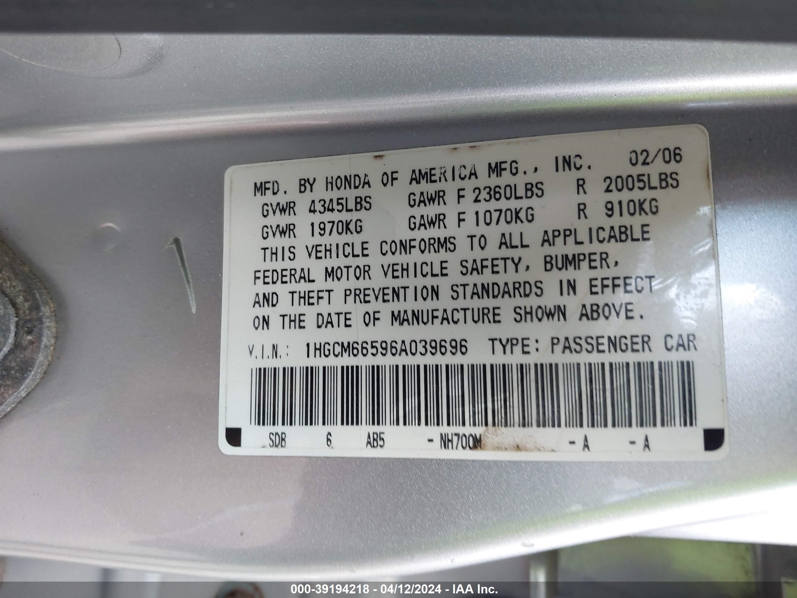 Photo 8 VIN: 1HGCM66596A039696 - HONDA ACCORD 