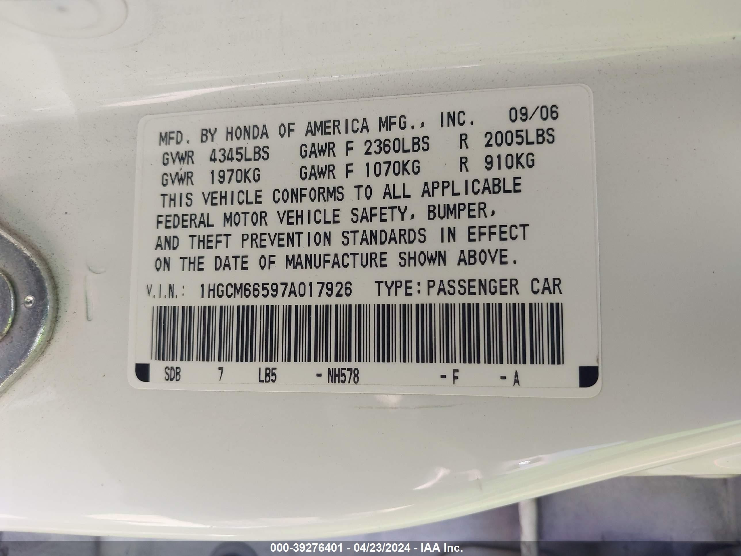 Photo 8 VIN: 1HGCM66597A017926 - HONDA ACCORD 