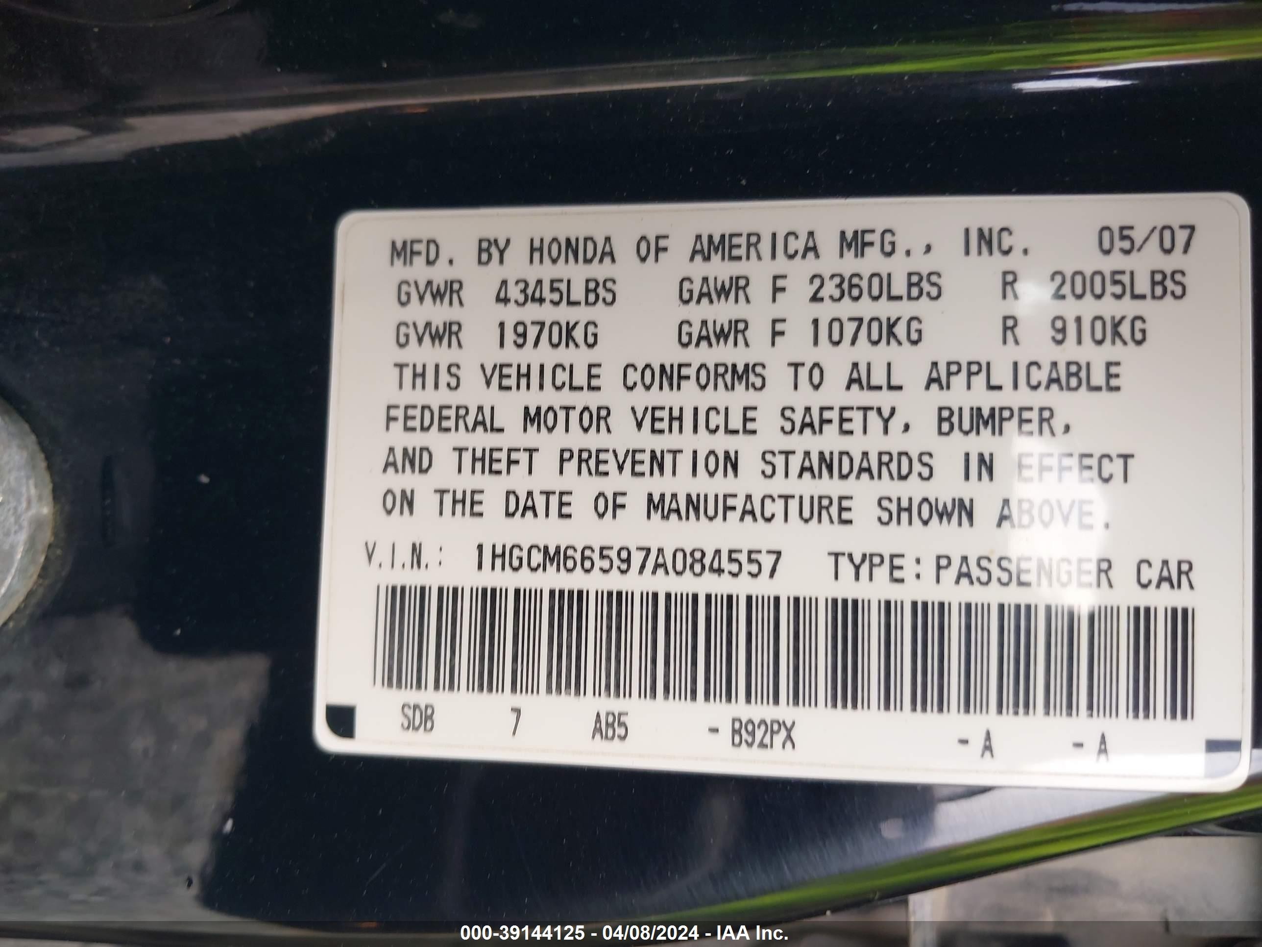 Photo 8 VIN: 1HGCM66597A084557 - HONDA ACCORD 