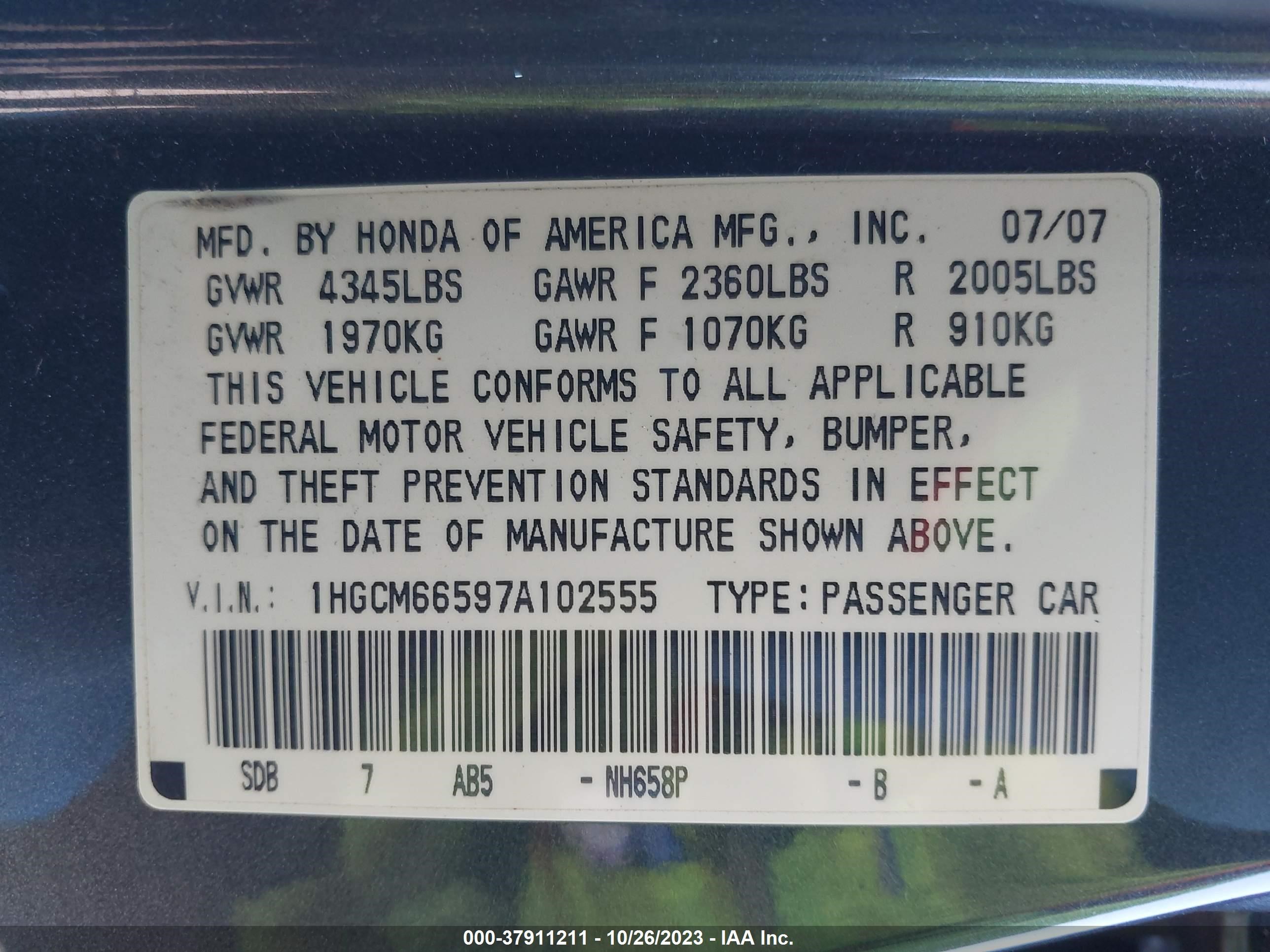 Photo 8 VIN: 1HGCM66597A102555 - HONDA ACCORD 