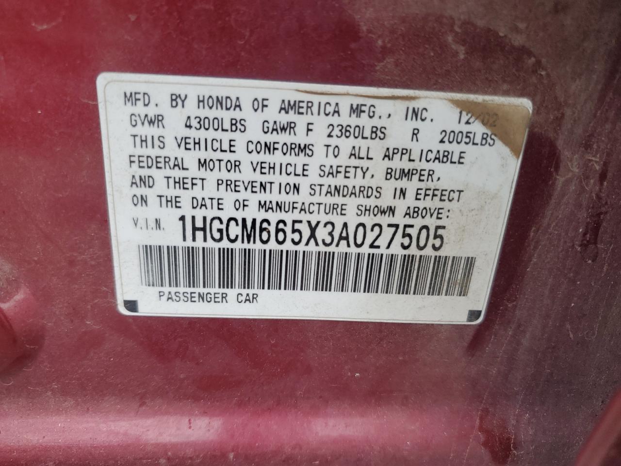 Photo 12 VIN: 1HGCM665X3A027505 - HONDA ACCORD 