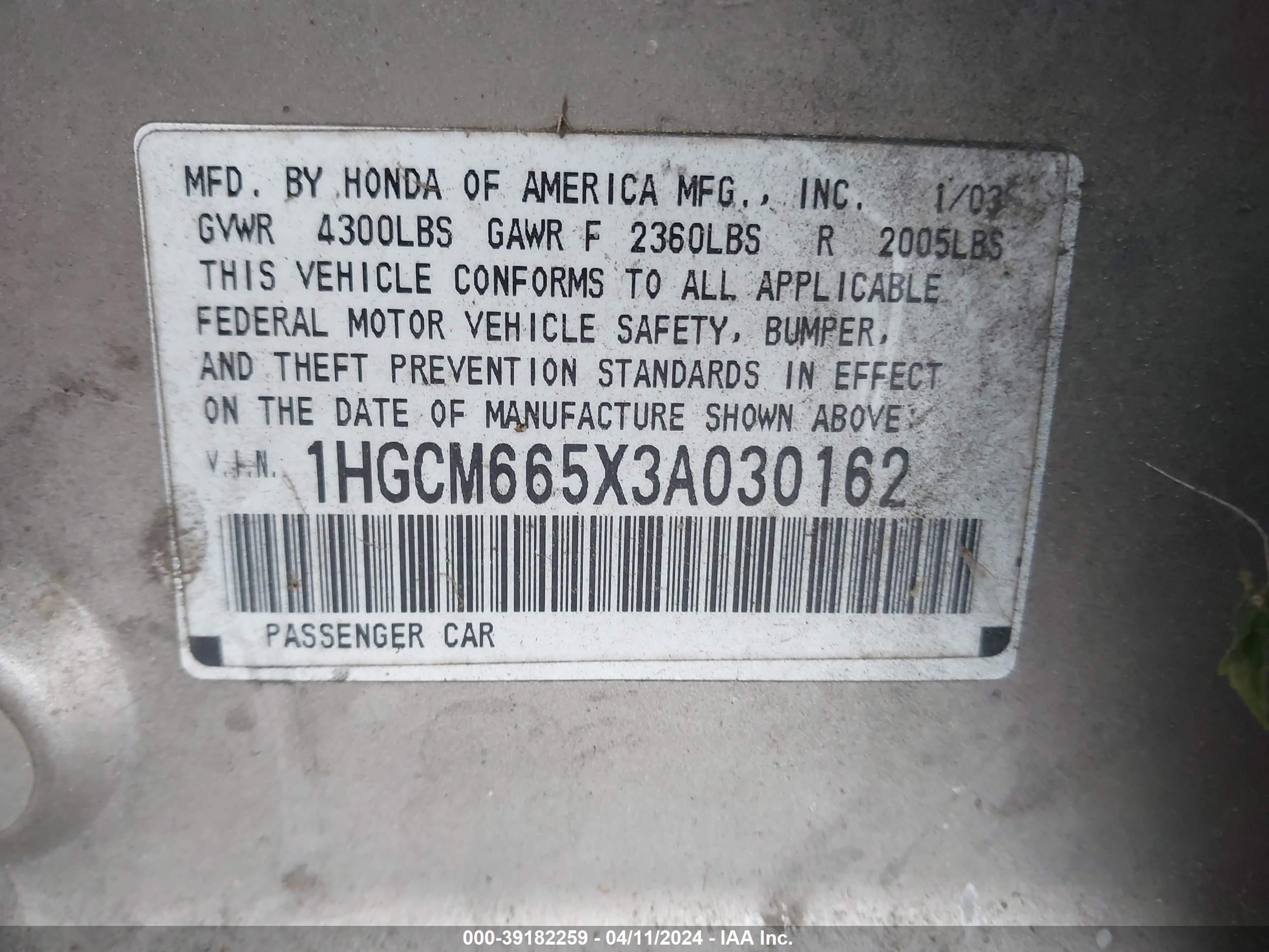 Photo 8 VIN: 1HGCM665X3A030162 - HONDA ACCORD 