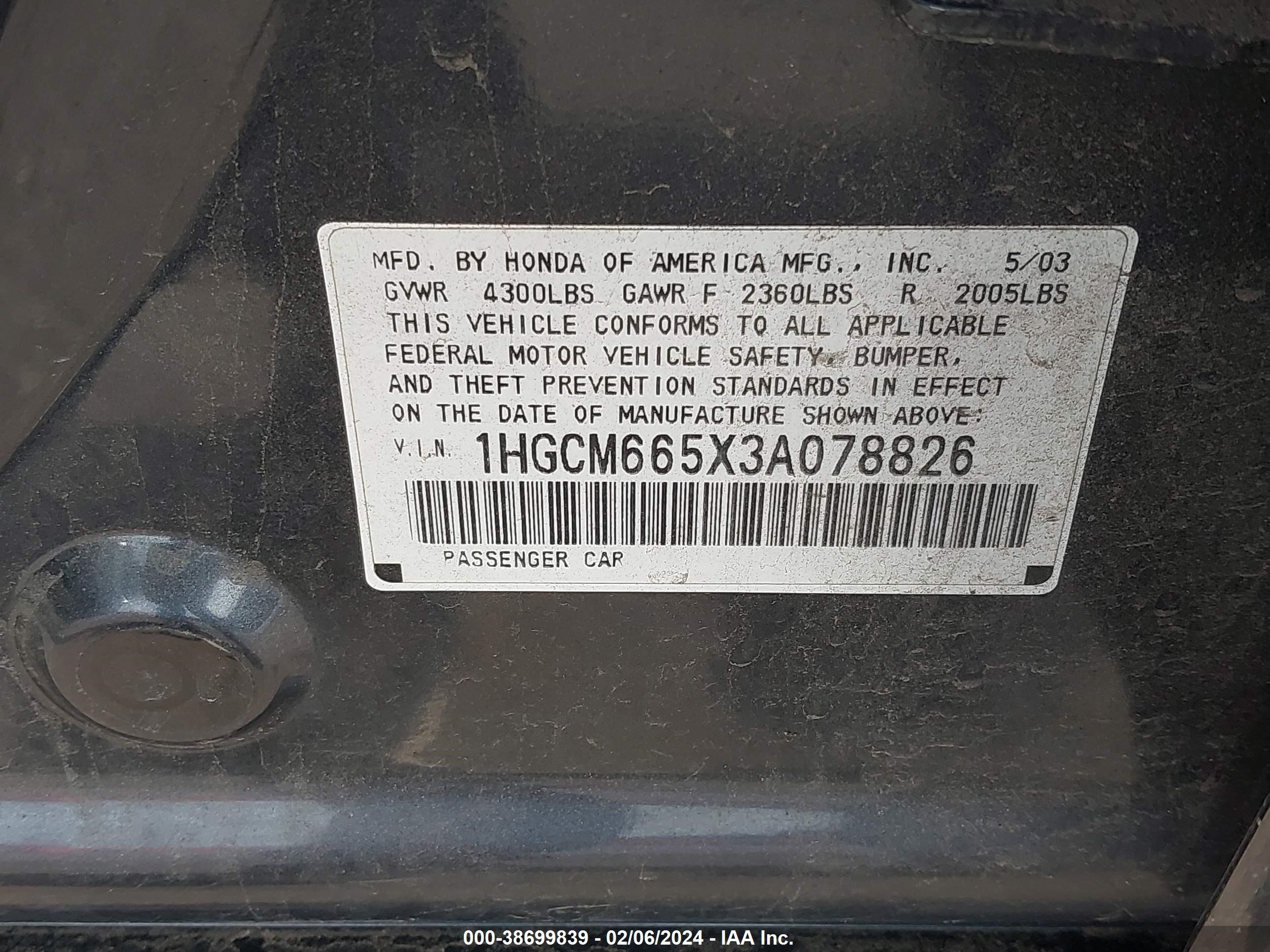 Photo 8 VIN: 1HGCM665X3A078826 - HONDA ACCORD 