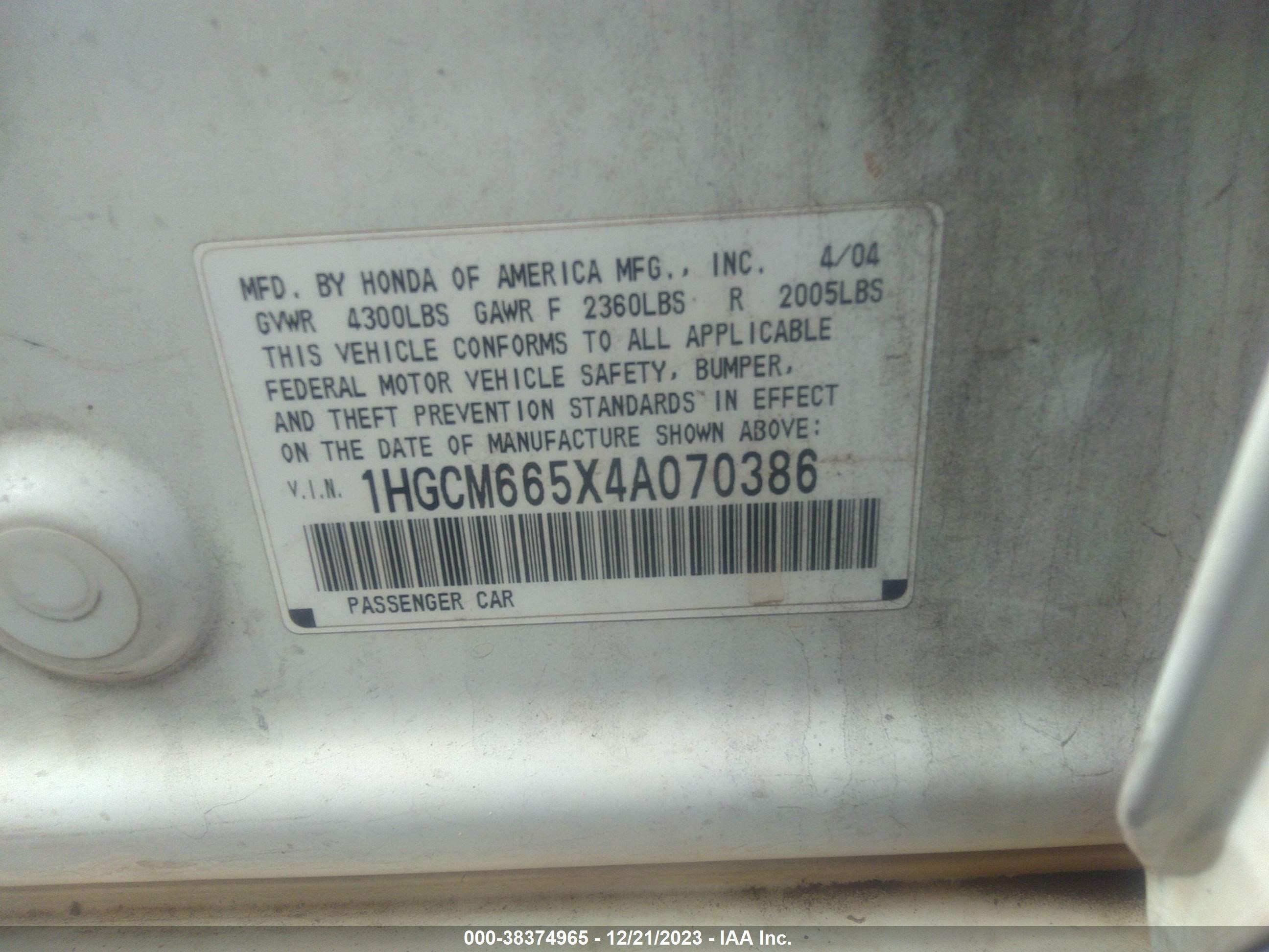 Photo 8 VIN: 1HGCM665X4A070386 - HONDA ACCORD 