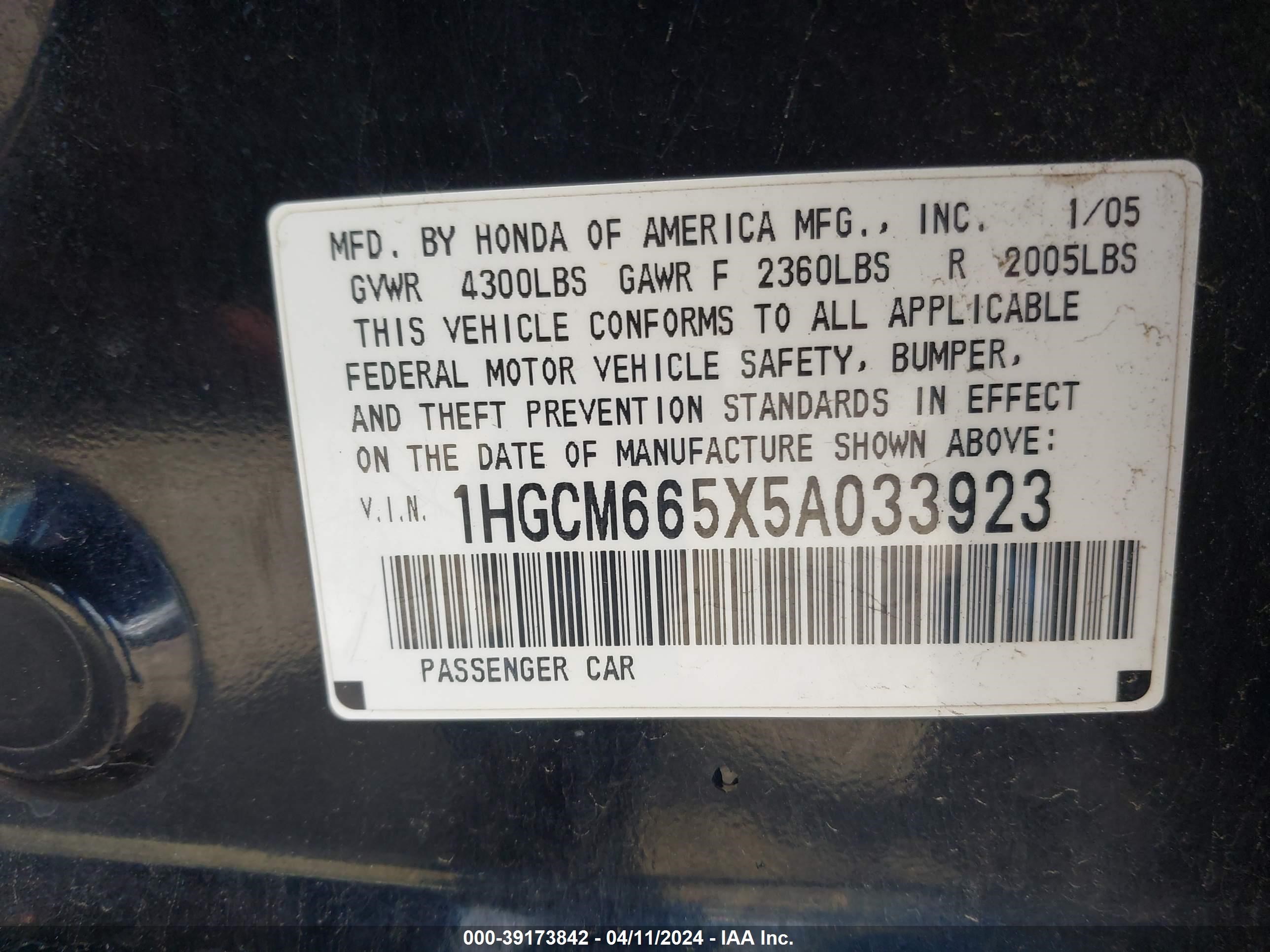 Photo 8 VIN: 1HGCM665X5A033923 - HONDA ACCORD 