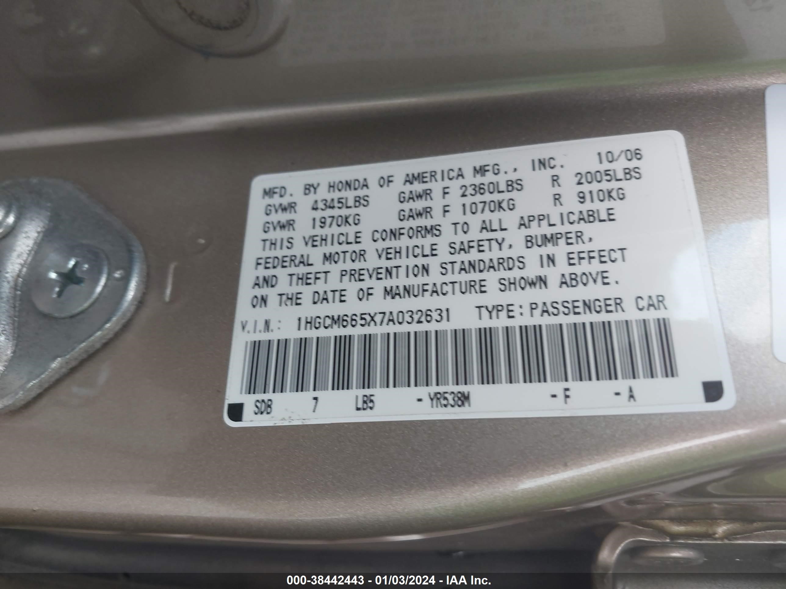 Photo 8 VIN: 1HGCM665X7A032631 - HONDA ACCORD 