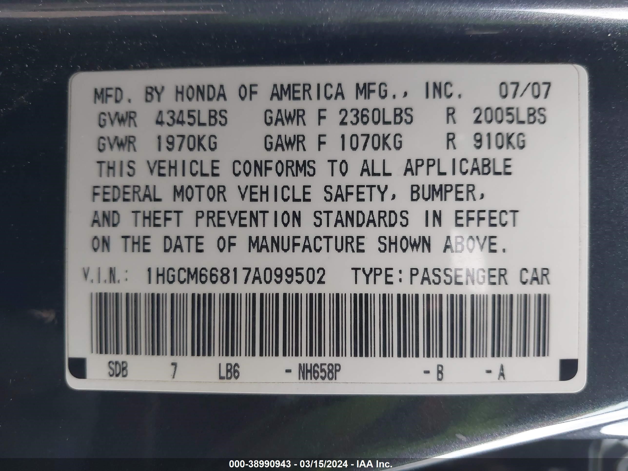 Photo 8 VIN: 1HGCM66817A099502 - HONDA ACCORD 