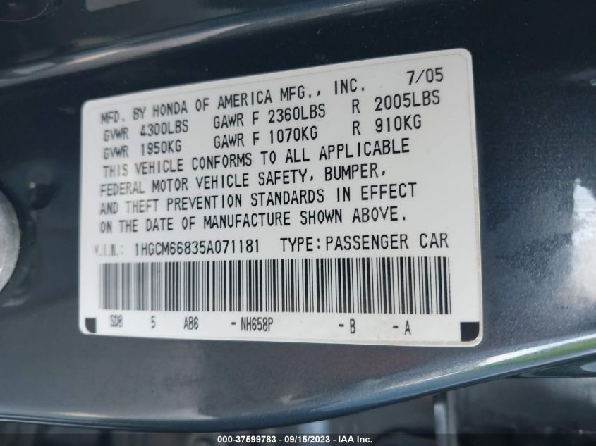 Photo 8 VIN: 1HGCM66835A071181 - HONDA ACCORD 