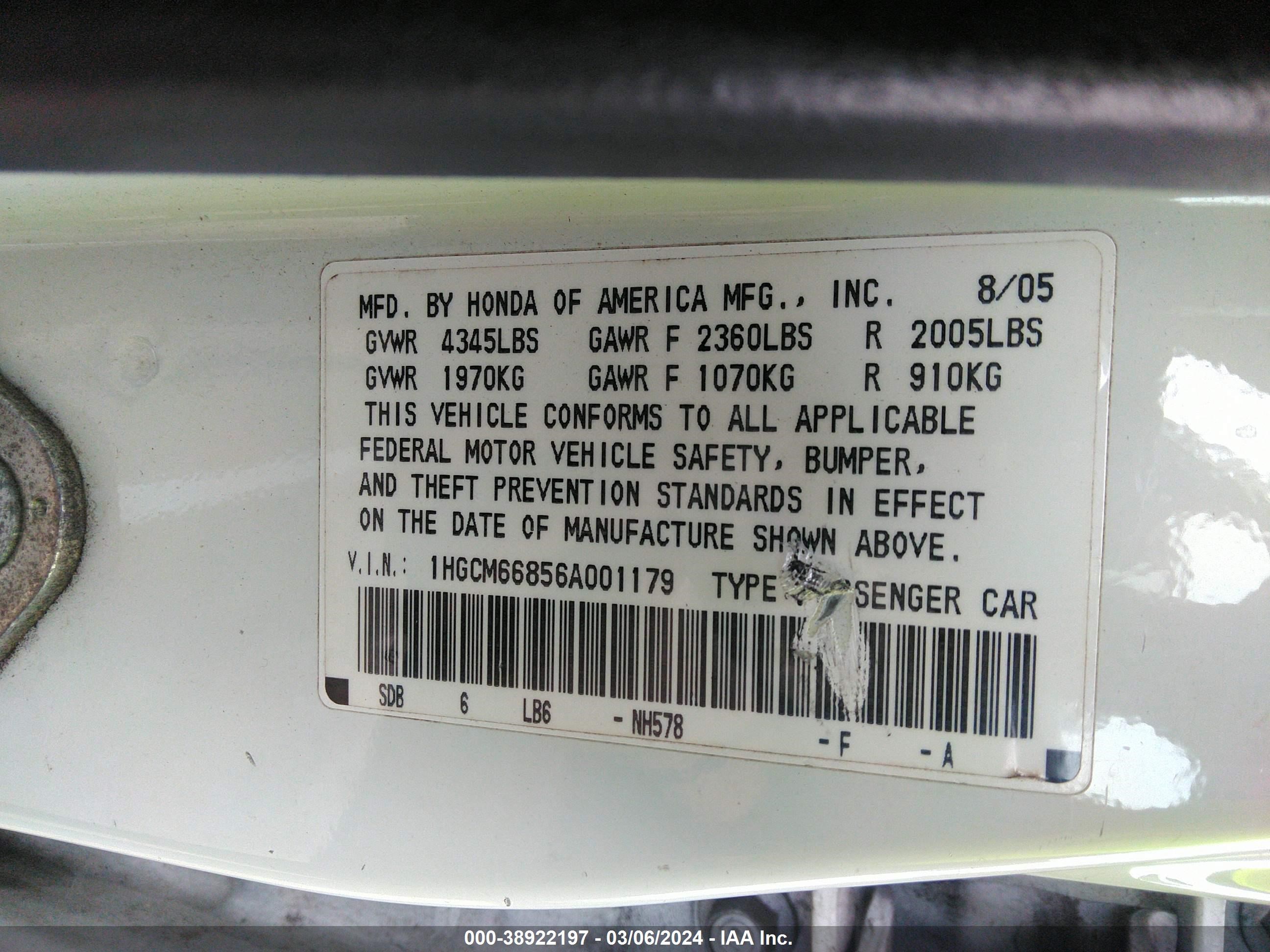 Photo 8 VIN: 1HGCM66856A001179 - HONDA ACCORD 