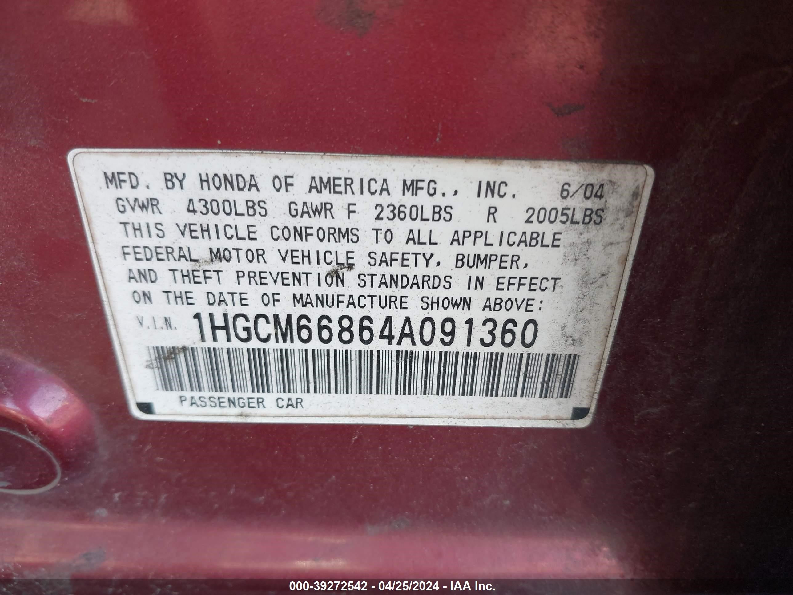 Photo 8 VIN: 1HGCM66864A091360 - HONDA ACCORD 