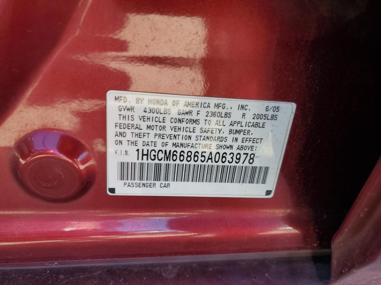 Photo 11 VIN: 1HGCM66865A063978 - HONDA ACCORD 