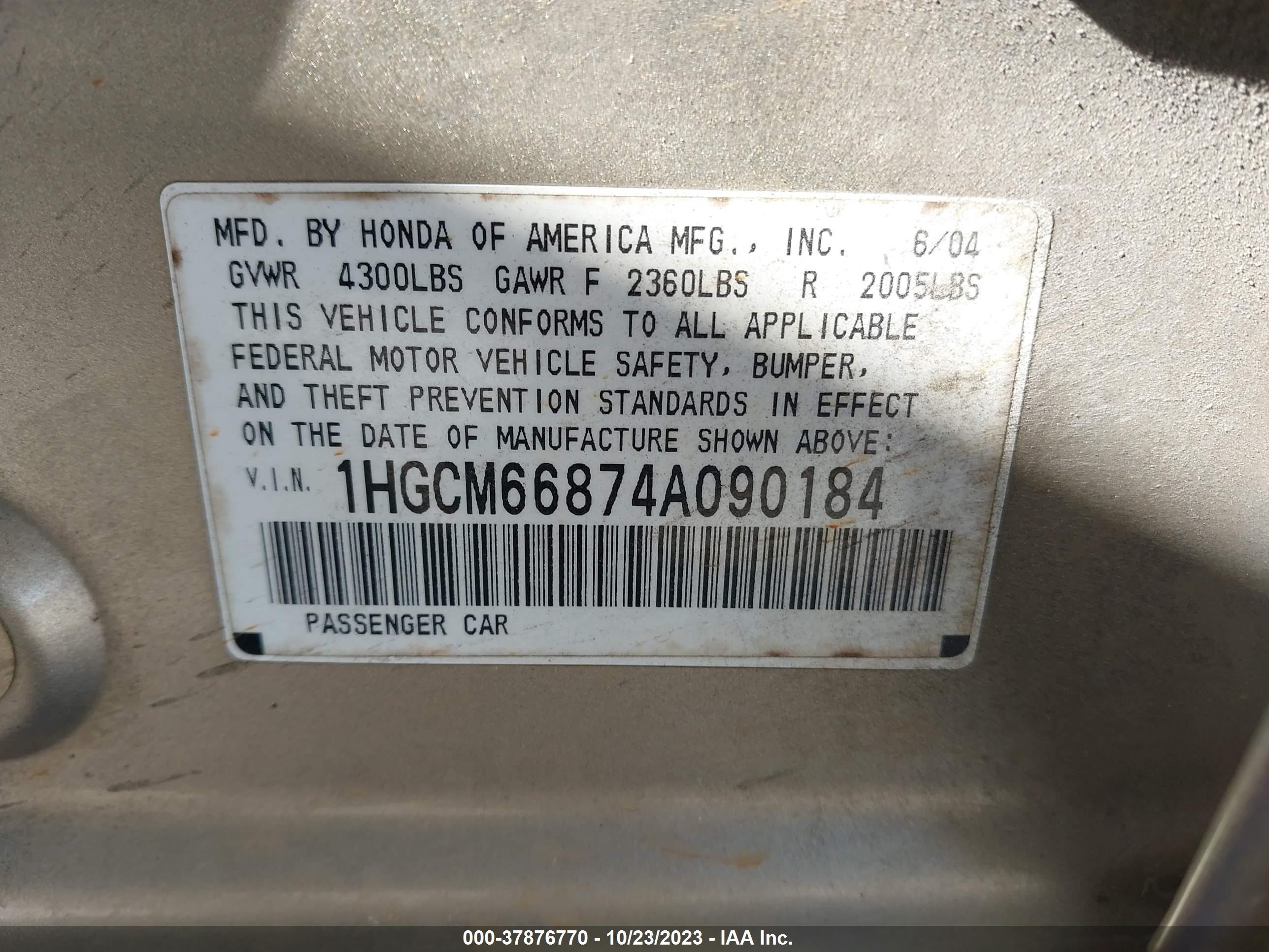 Photo 8 VIN: 1HGCM66874A090184 - HONDA ACCORD 