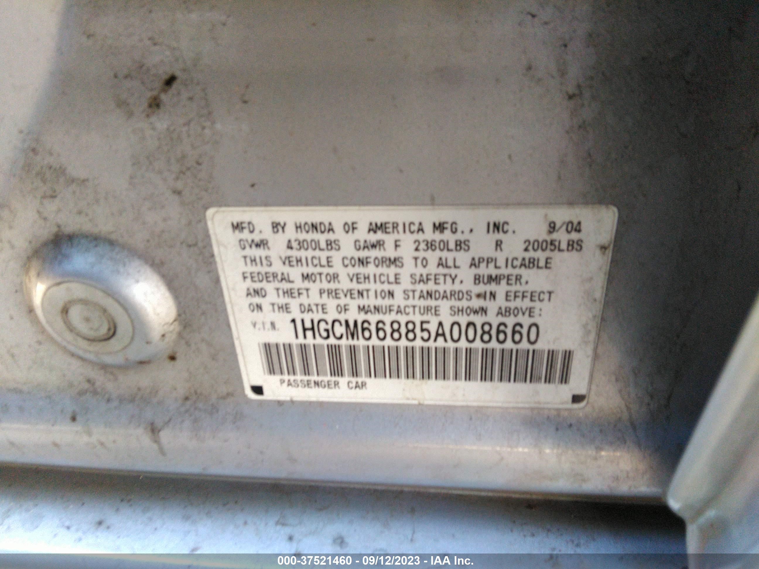 Photo 8 VIN: 1HGCM66885A008660 - HONDA ACCORD 