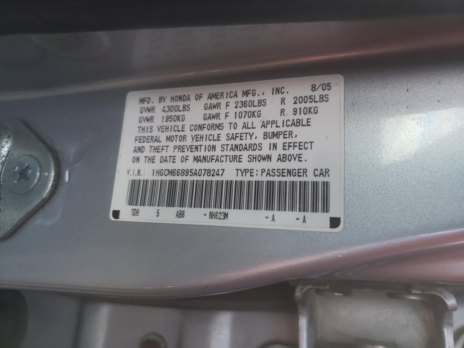 Photo 9 VIN: 1HGCM66895A078247 - HONDA ACCORD EX 