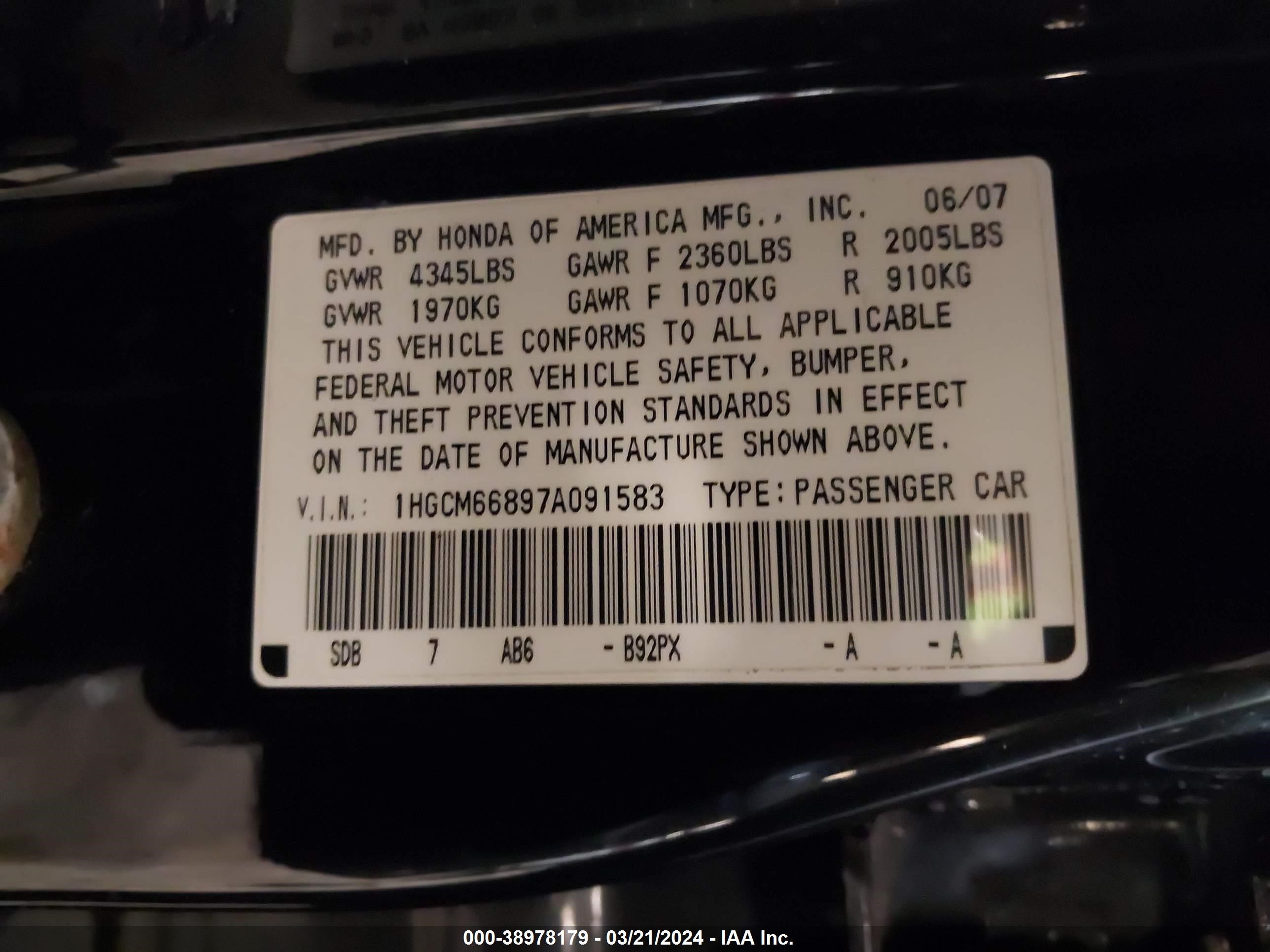 Photo 8 VIN: 1HGCM66897A091583 - HONDA ACCORD 