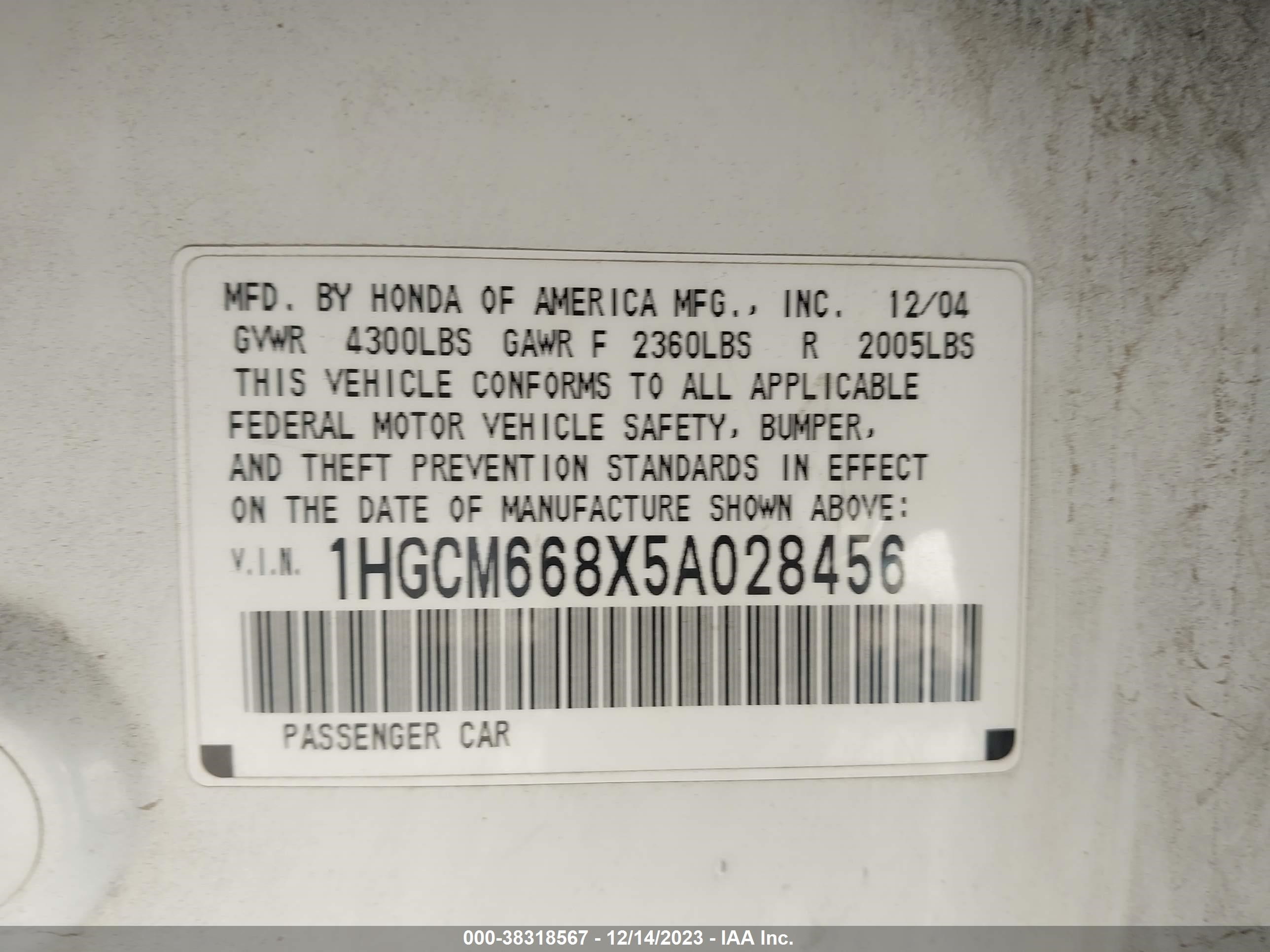 Photo 8 VIN: 1HGCM668X5A028456 - HONDA ACCORD 