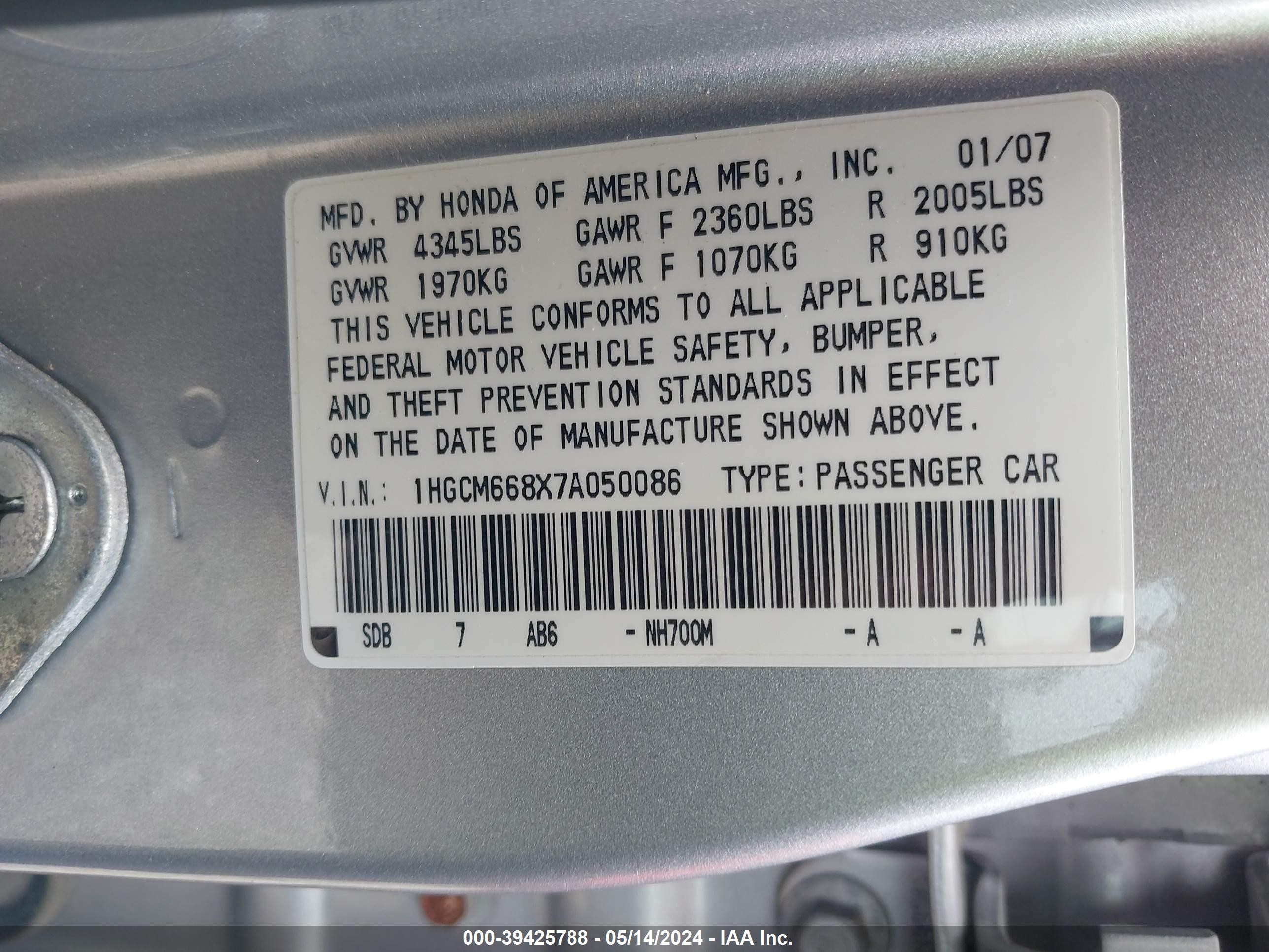 Photo 8 VIN: 1HGCM668X7A050086 - HONDA ACCORD 