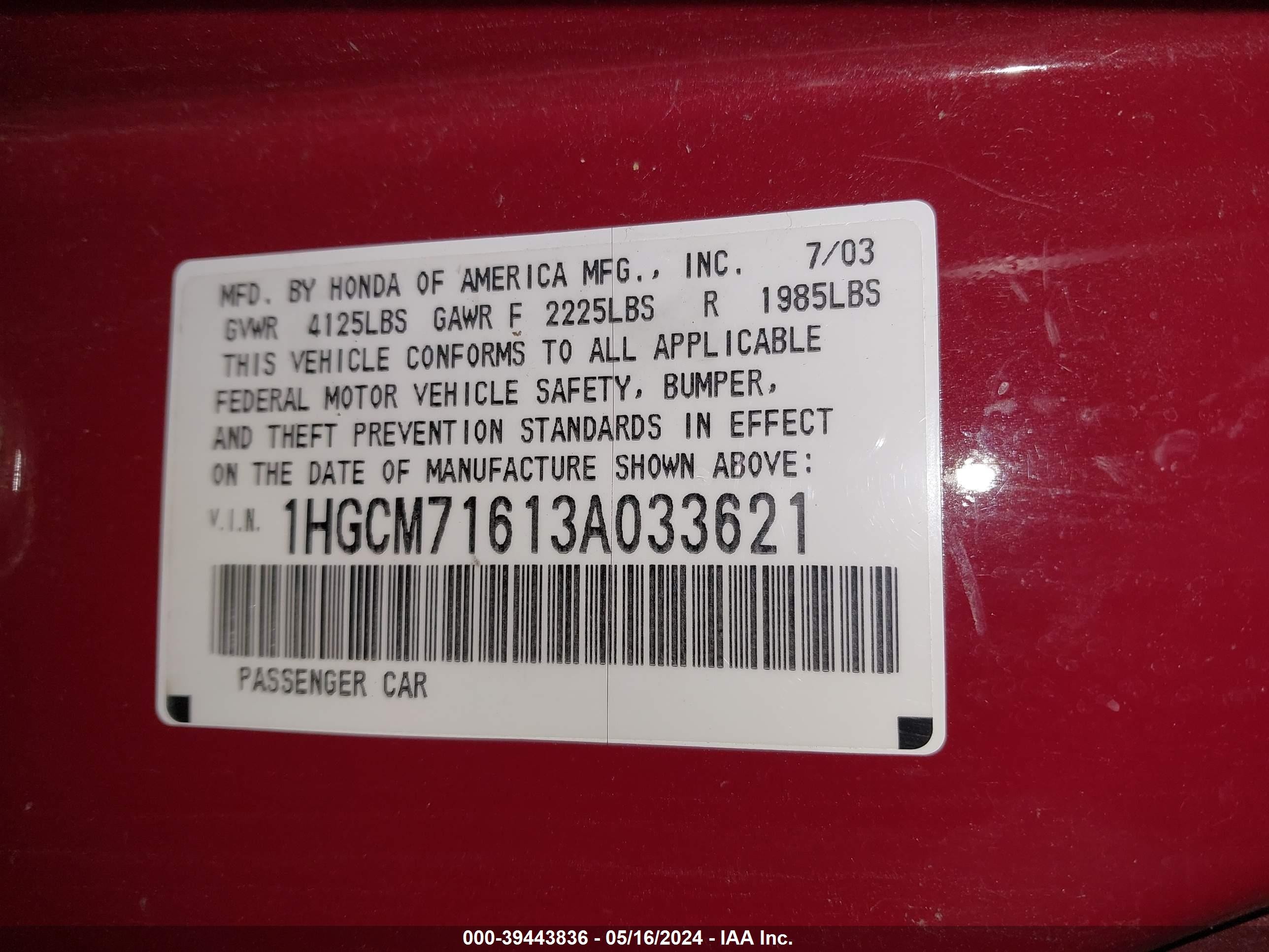 Photo 8 VIN: 1HGCM71613A033621 - HONDA ACCORD 