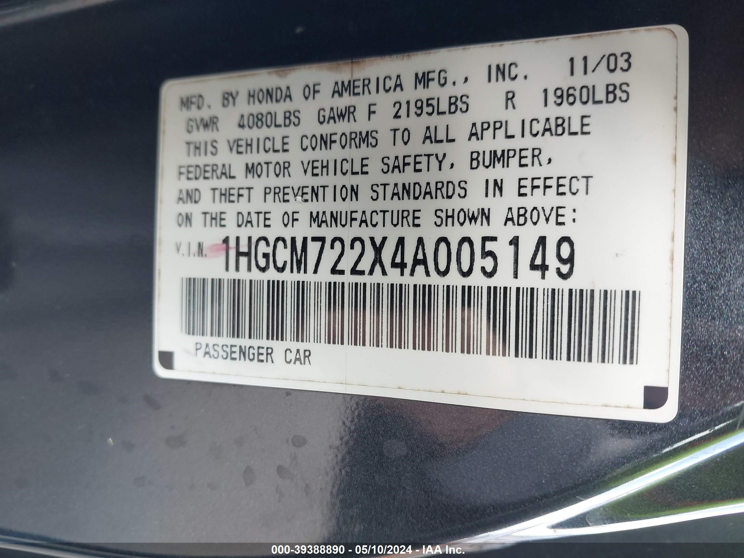 Photo 8 VIN: 1HGCM722X4A005149 - HONDA ACCORD 