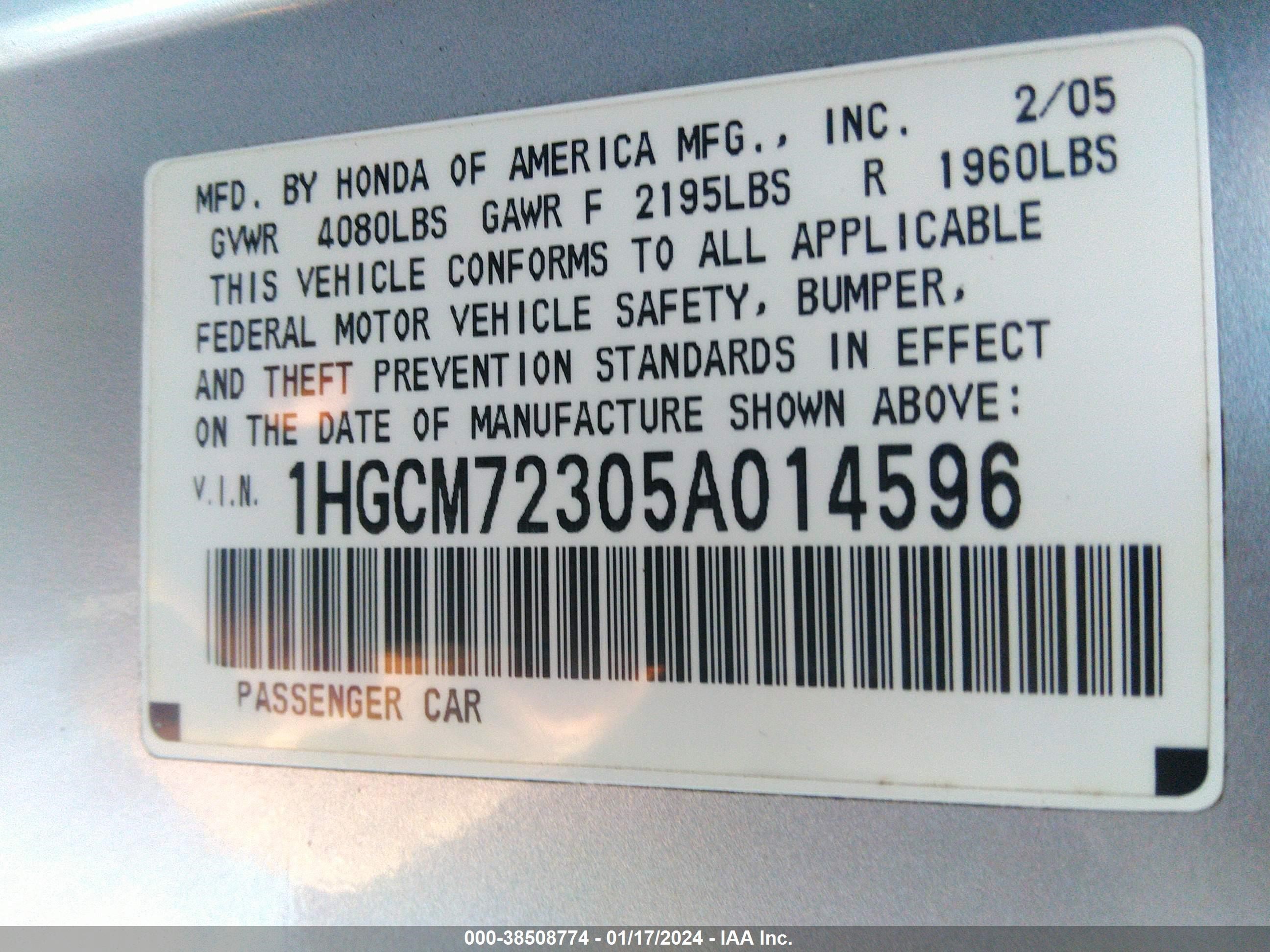 Photo 8 VIN: 1HGCM72305A014596 - HONDA ACCORD 